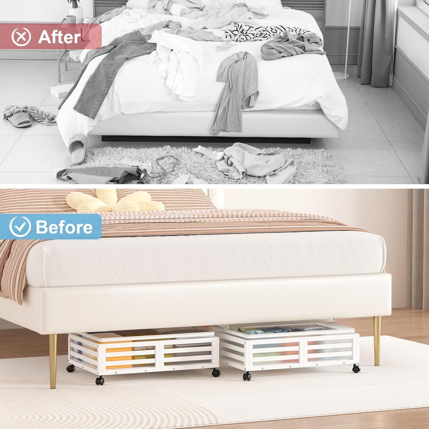 Under Bed Storage with Wheels-Large Bamboo Underbed storage Containers with Large Dust Bag Stackable Under the Bed Shoe Storage Bins for Clothes Books Bedding (2 Packs White, 23.62"L×16.54"W× 6.51"H)