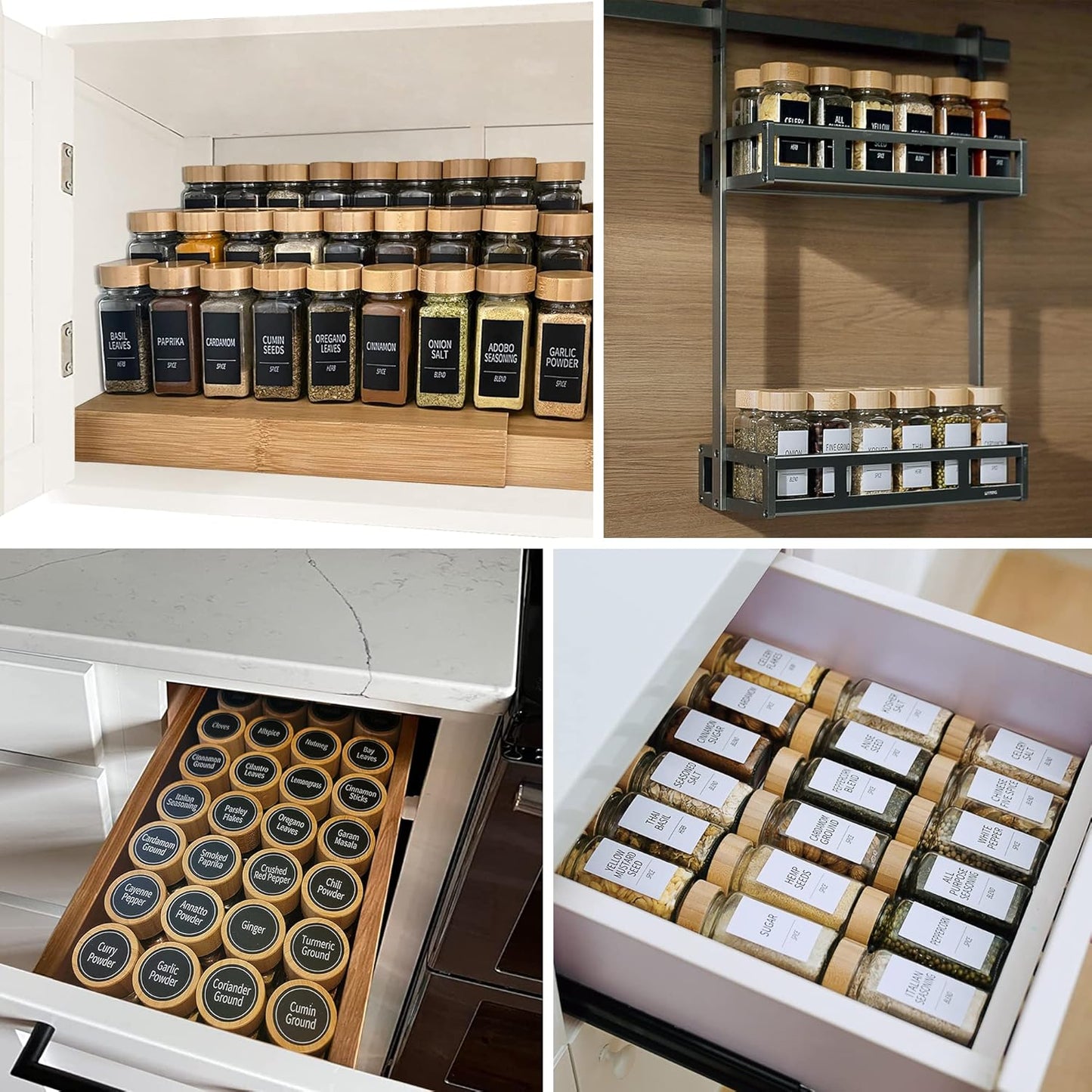 Churboro 24 Spice Jars with Labels & Bamboo Lids - 4 Oz Glass Containers with Shaker Lids, 547 Spice Labels of 3 Different Types Seasoning Jars for Spice Rack, Cabinet, or Drawer