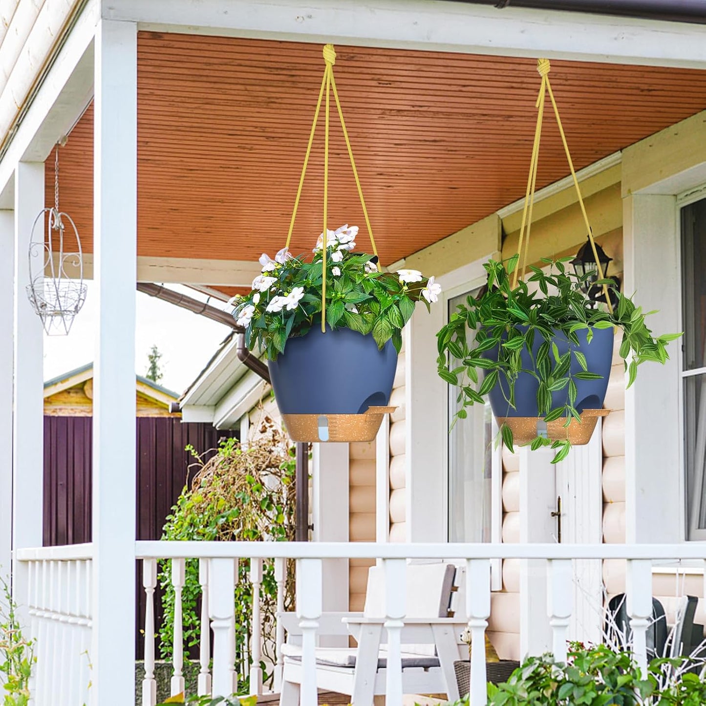 ZMTECH 10 Inch Hanging Planters for Indoor Outdoor Plants, 2 Pack Self Watering Hanging Plant Pots with Drainage Holes and Removable Saucer, Plastic Flower Hanging Pots with Watering Lip (Blue)