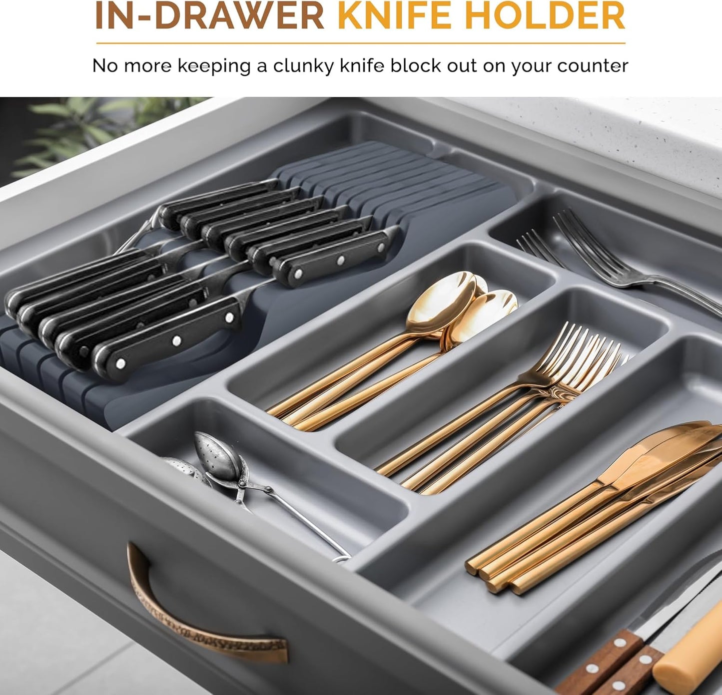 In-Drawer Knife Block - Bamboo Knife Drawer Organizer for Kitchen - Fits 5 Long + 6 Short Knives, Store Knives with Blades Pointing Down - Wooden Steak knife Holder without Knives (Grey)