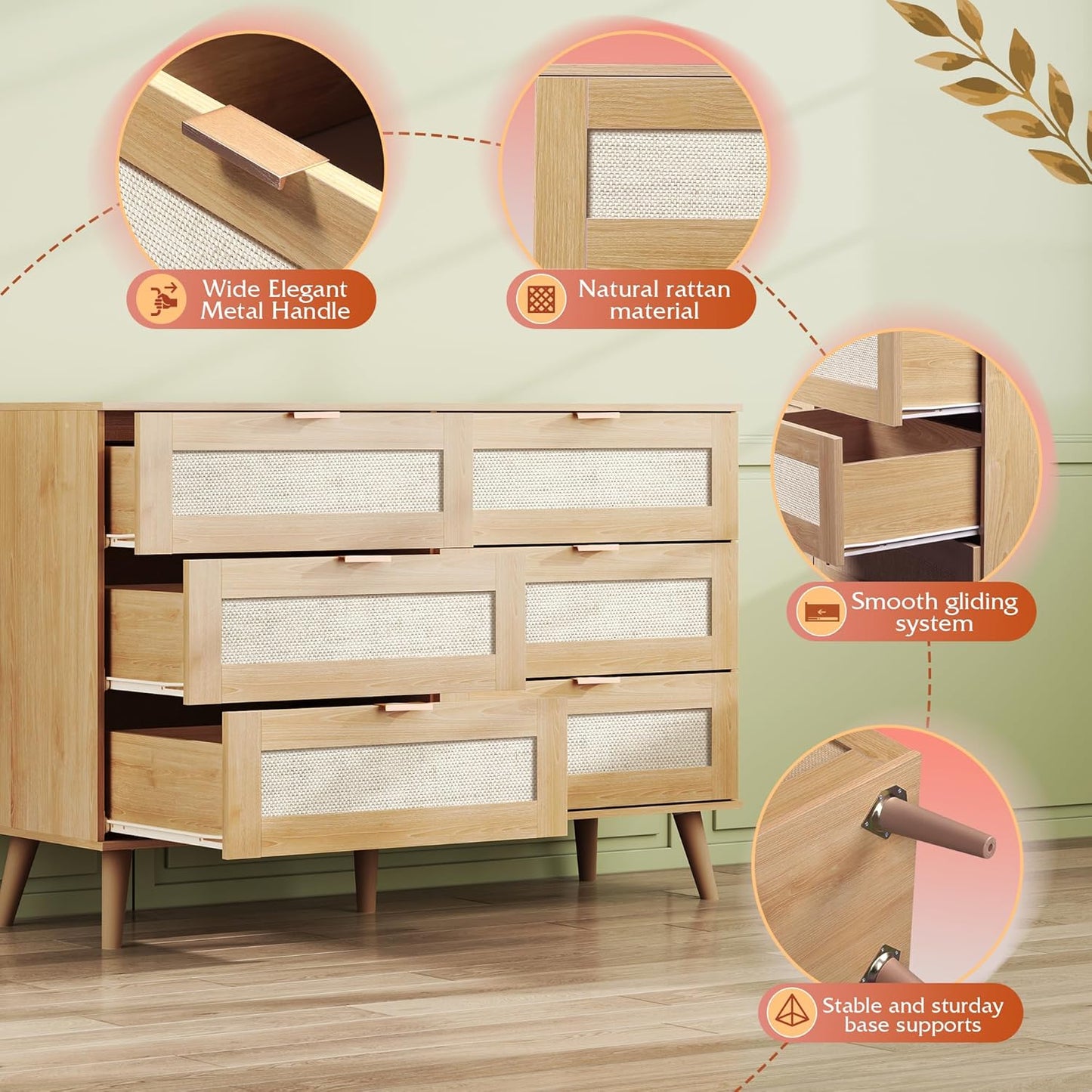 WLIVE Rattan Dresser for Bedroom, 6 Drawer 47.24'' Wide Boho Wood Dresser, Chest of Drawers, Gold Metal Handle, TV Stand for 55 inch TV, Storage Cabinet for Living Room, Hallway, Light Oak