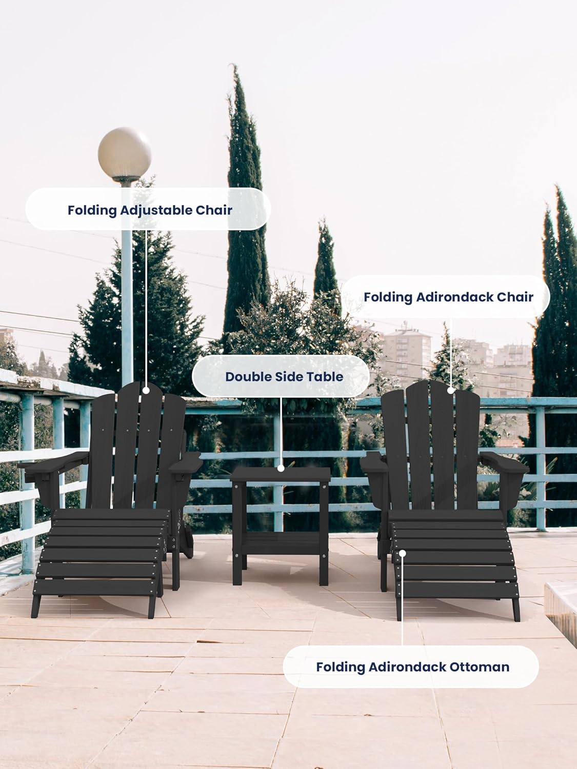 KINGYES Folding Adirondack Ottomans Set of 2 for Adirondack Chair, Black