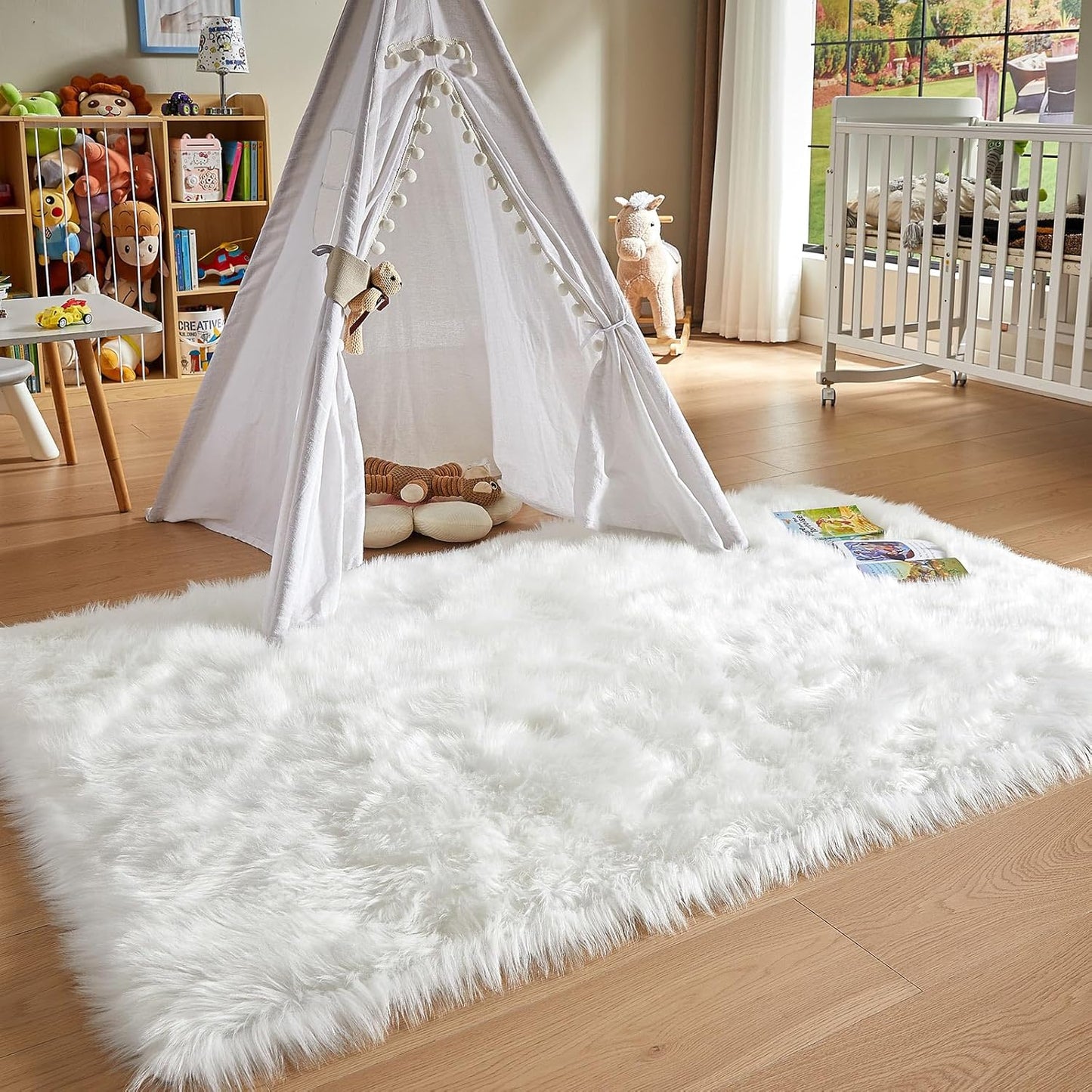 AMTOVO Faux Fur Sheepskin Rug for Living Room, 4 x 6 ft White Fluffy Area Rug for Bedroom, Playroom, Luxury Room Decor, Rectangle