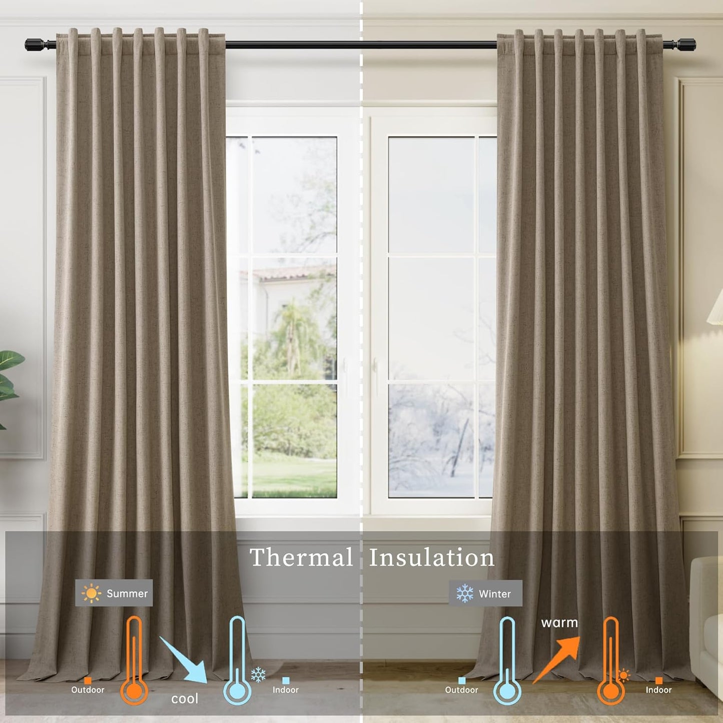 BOODII Full Blackout Curtains 90 Inches Long Room Darkening Curtain for Bedroom Sliding Door Thermal Insulated Black Out Curtains & Drapes Matcha Brown Neutral Linen 2 Panels Set Back Tab 52x90