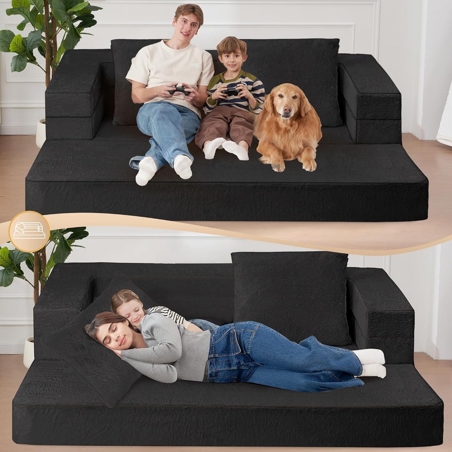 Folding Bean Bag Chair for Adults,3-in-1 Bean Bag Couch Faux Fur Floor Sofa Large Beanbag Convertible Bean Bag Sofa Bed with Pillow in Bedroom,Living Room,Apartment(Queen,Black)