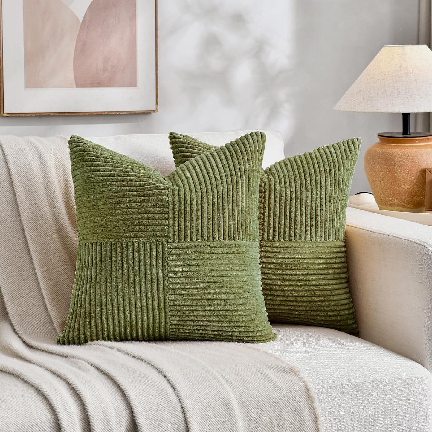 Fancy Homi 2 Packs Moss Green Decorative Throw Pillow Covers 18x18 Inch for Living Room Couch Bed Sofa, Farmhouse Boho Home Decor, Soft Corss Corduroy Patchwork Textured Square Cushion Case 45x45 cm