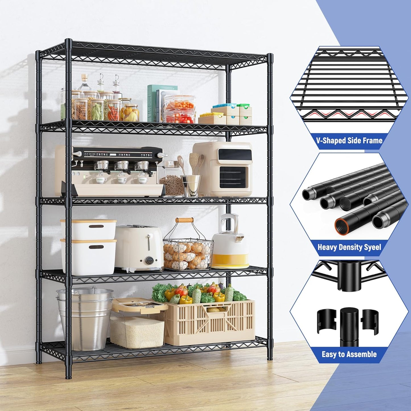 5 Tier Storage Shelves 71"H Wire Shelving Adjustable Metal Shelving,1000LBS Pantry Shelves Sturdy Steel Wire Shelf for Kitchen Commercial Pantry Garage Warehouse ,71"H X35.5"W X13.8"D, Black