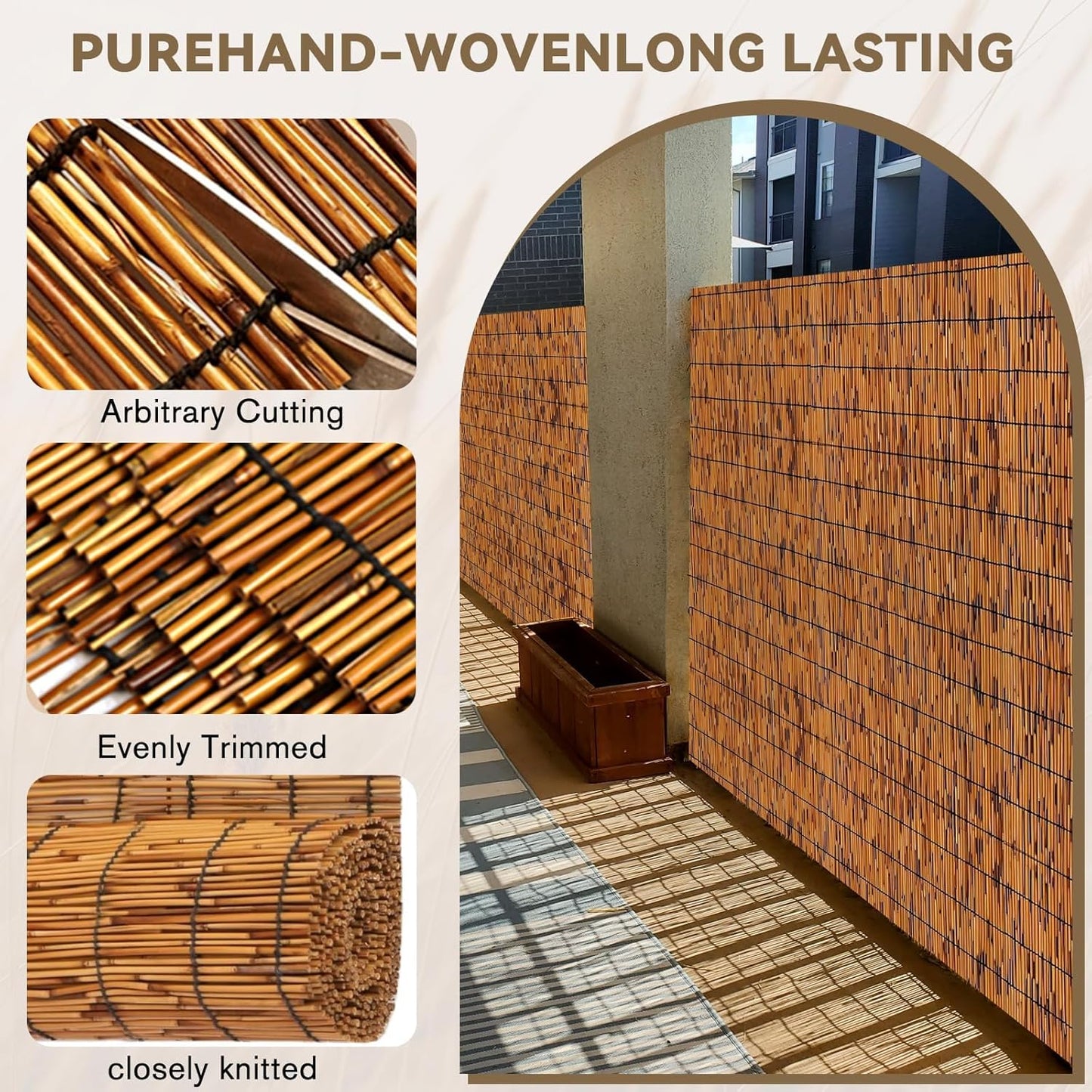 Bamboo Reed Fencing, Light Russet Bamboo Screens Outdoor, Decorative Privacy Screen Reed Curtains for Patio Balcony Garden Backyard, 5 x 10 FT