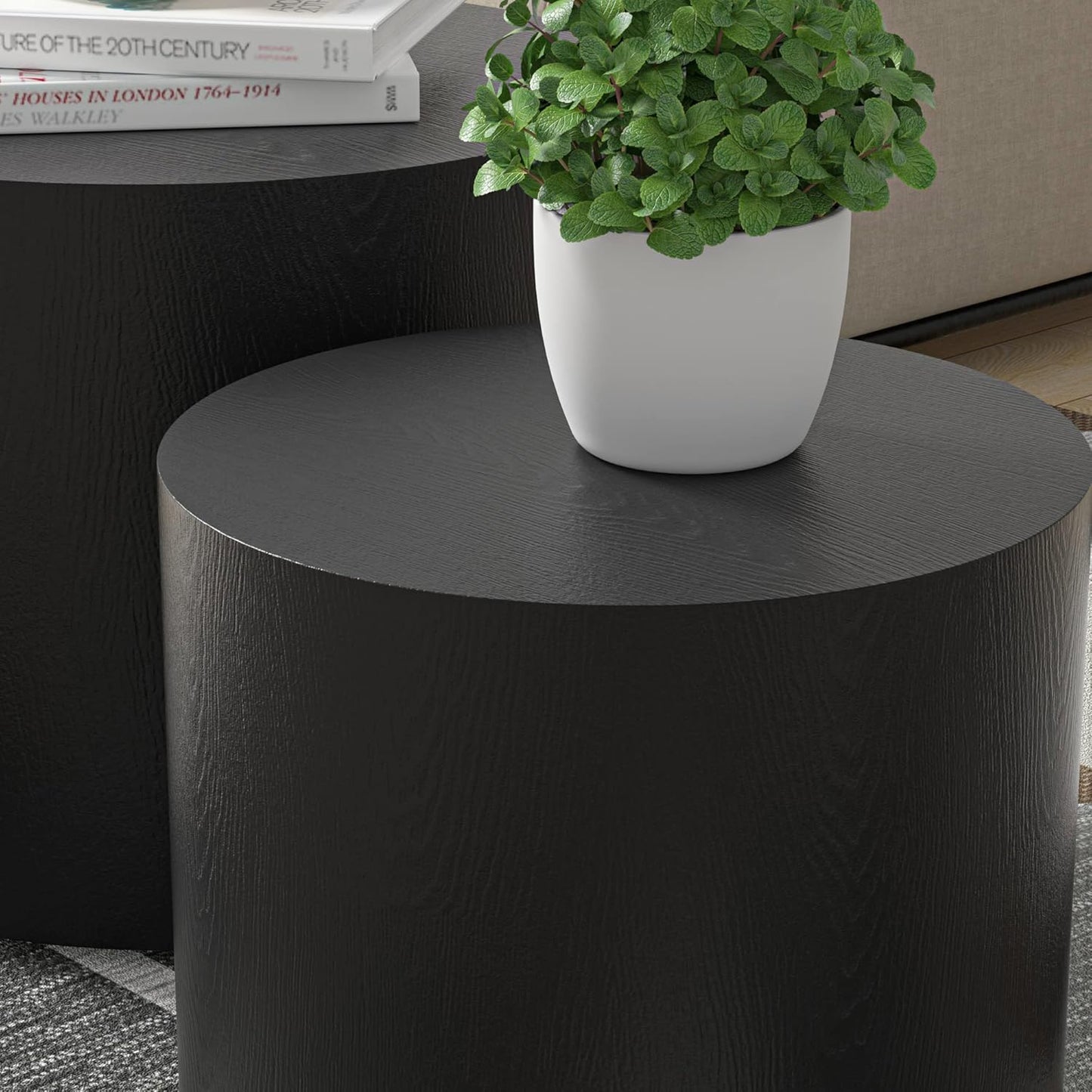 18.9”Round Nesting Coffee Table Set of 2,Wooden Circle Coffee and End Tables,Durable Accent Furniture,Modern Space-Saving Design for Small Living Rooms,Offices,No Assembling Needed,Black