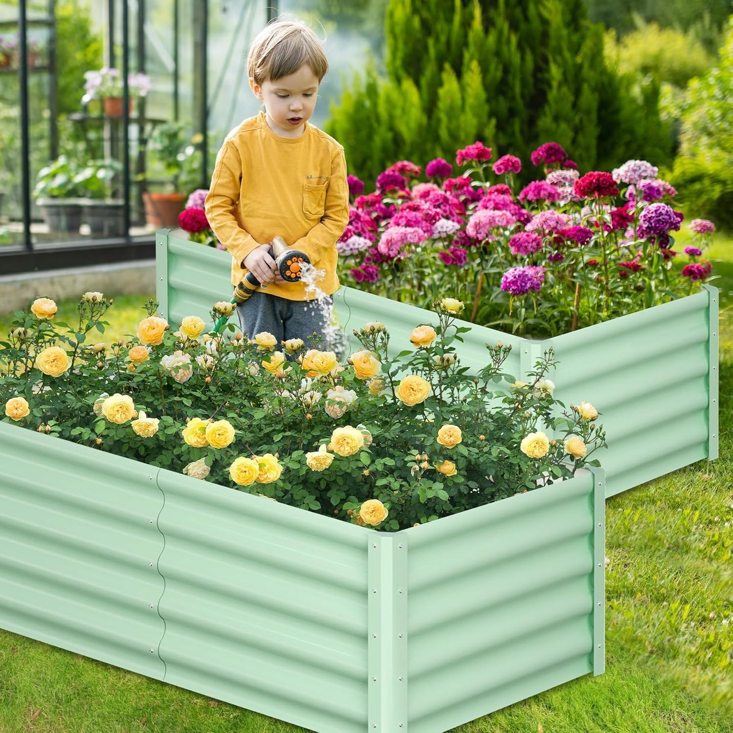 Large Outdoor Planter Boxes Kit Set of 2, 6x3x1.5ft Galvanized Raised Bed Planter with Open-Ended Base Design, Elevated for Outdoor Plants, Durable Raised Bed for Gardening,Green
