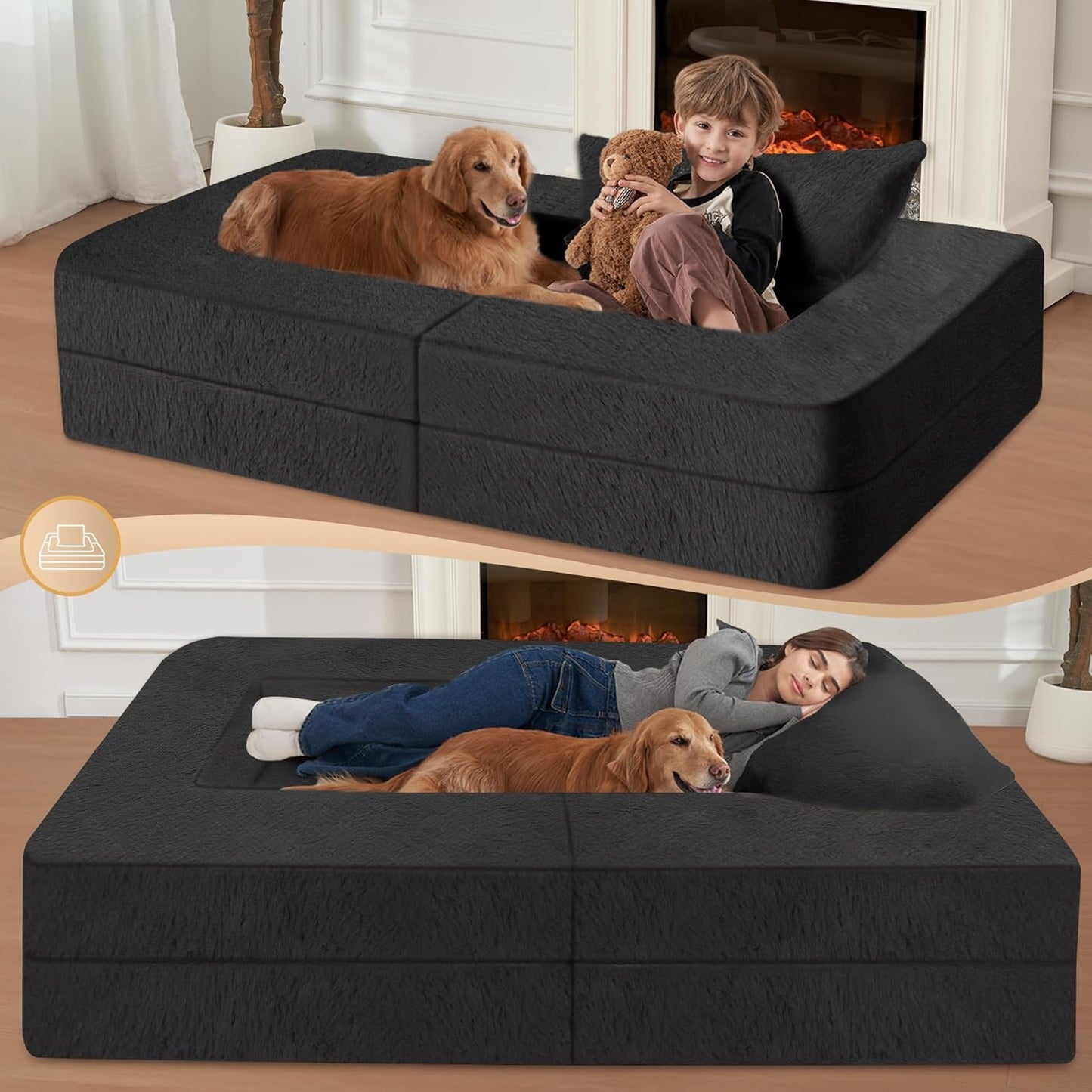 Folding Bean Bag Chair for Adults,3-in-1 Bean Bag Couch Faux Fur Floor Sofa Large Beanbag Convertible Bean Bag Sofa Bed with Pillow in Bedroom,Living Room,Apartment(Twin,Black)