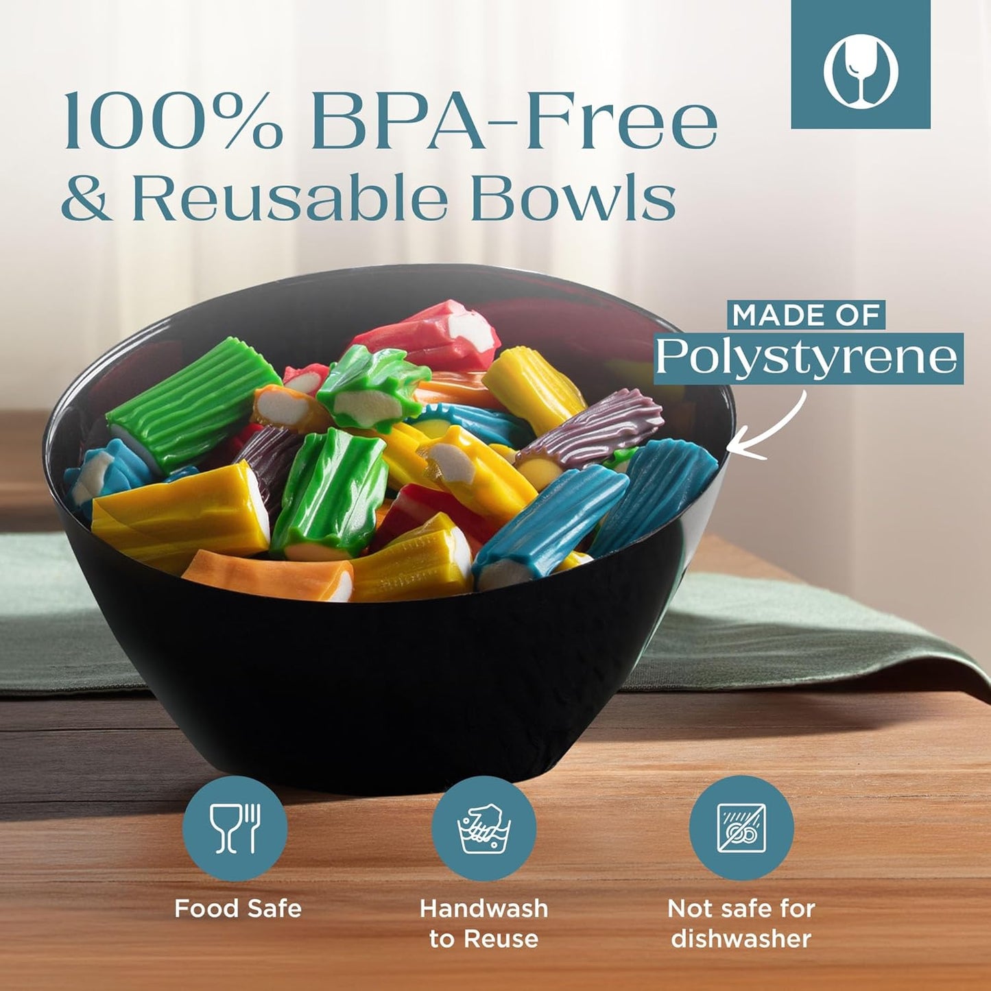 Posh Setting Black Plastic Serving Bowls Disposable - Angled Bowls - Angled Candy Bowl - Plastic Snacks & Chip Bowls for Parties - Black, Gold & Clear, White Serving Dishes, 8 OZ, 5 Pack