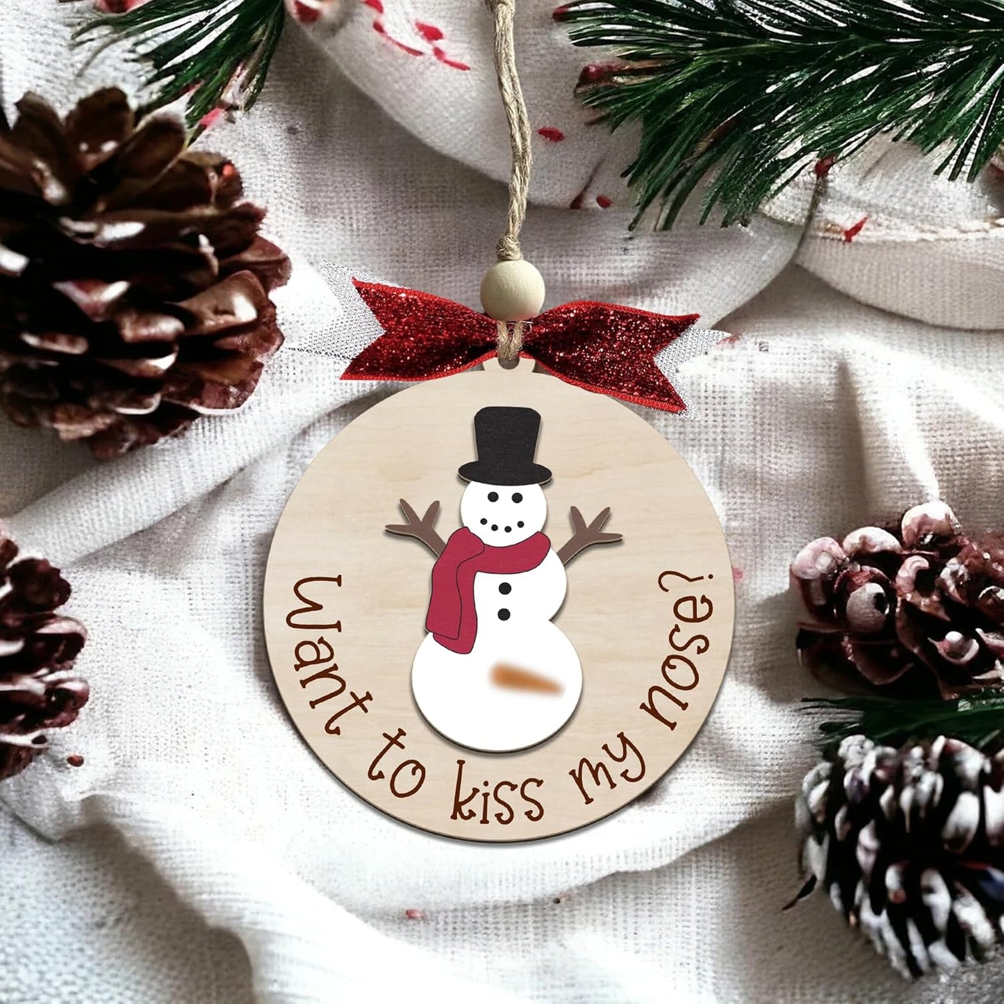 Funny Christmas Ornament – Adult Humor Snowman “Want to Kiss My Nose?” Wooden Round Tree Decoration, Hilarious Gag Gift for White Elephant, Secret Santa Exchange(L15)