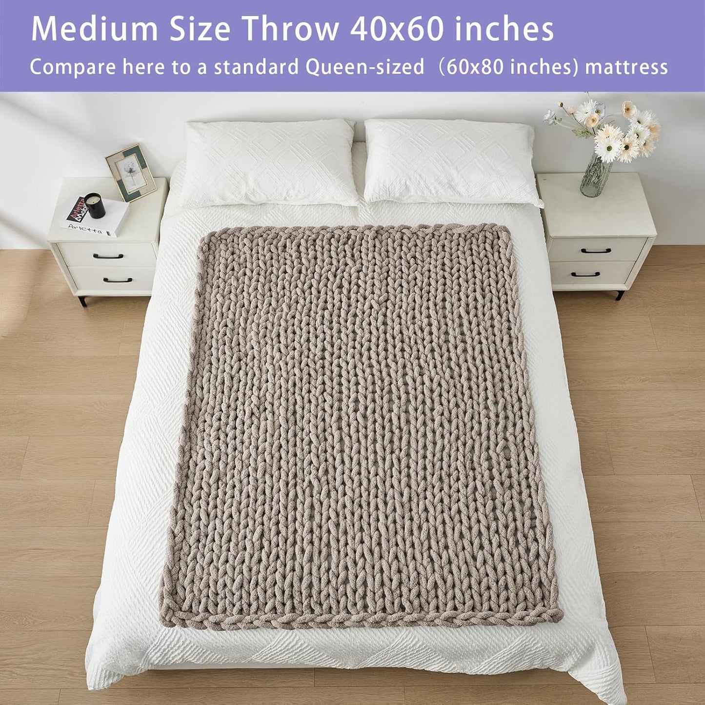 Bigacogo Chunky Knit Throw Blanket for Couch, 40x60 inches, 100% Hand Knitted with Thick Jumbo Chenille Yarn, Cozy Soft Large Rope Knot Cable Crochet Blankets for Sofa Bed Living Room, Taupe