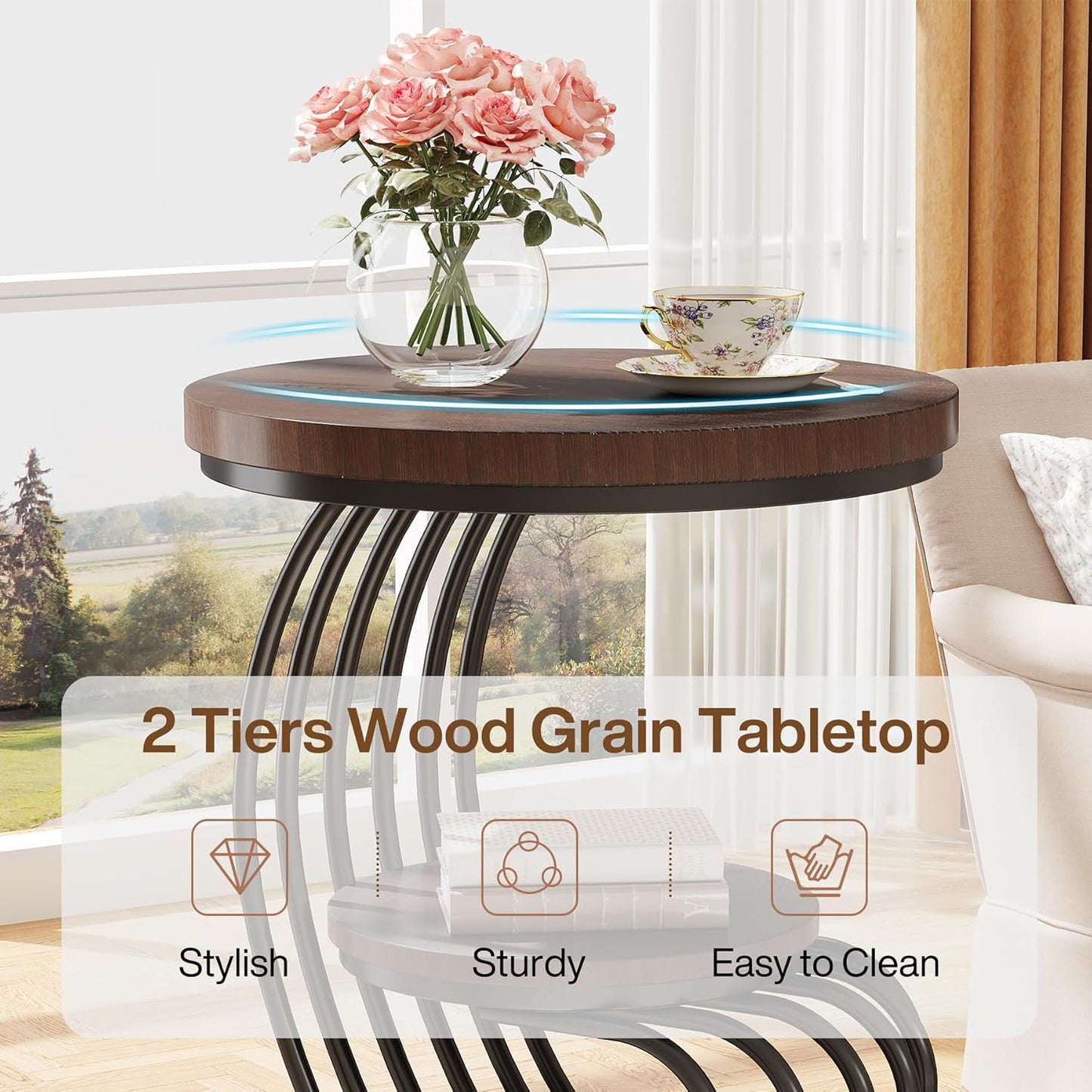 Tribesigns Round End Side Table: Side Table with 2 Tiers Storage Shelves, Vintage End Table for Living Room, Small Bedside Table Accent Table with Arc-Shaped Frame, Rustic Brown
