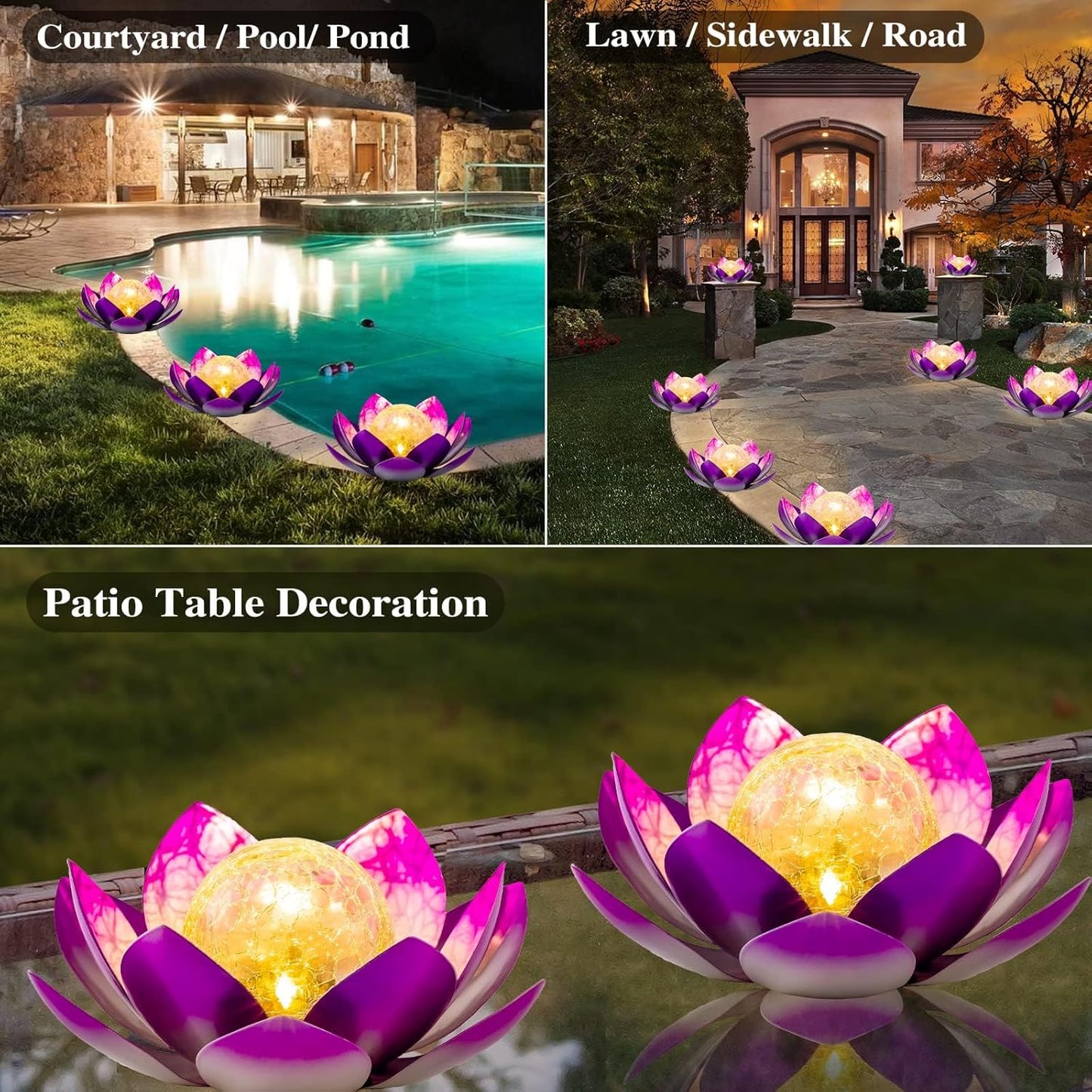 Solar Light Outdoor(2Pack), Art Crackle Globe Glass Lotus Decoration, Solar LED Waterproof Purple Metal Flower Lights for Patio,Lawn,Walkway,Tabletop