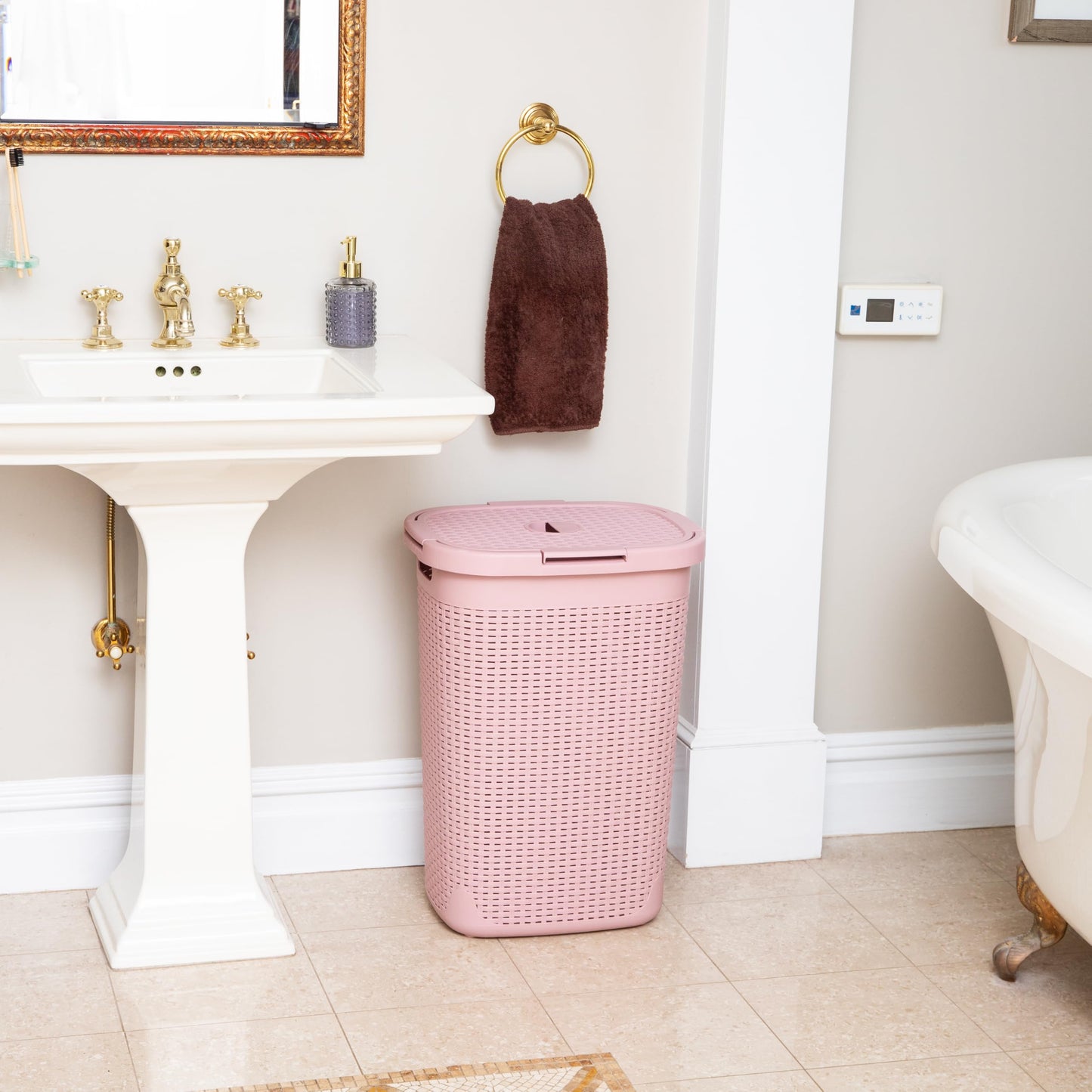 Mind Reader Slim Laundry Hamper with Lid, 60L Tall Clothes Basket, Narrow Tapered Design for