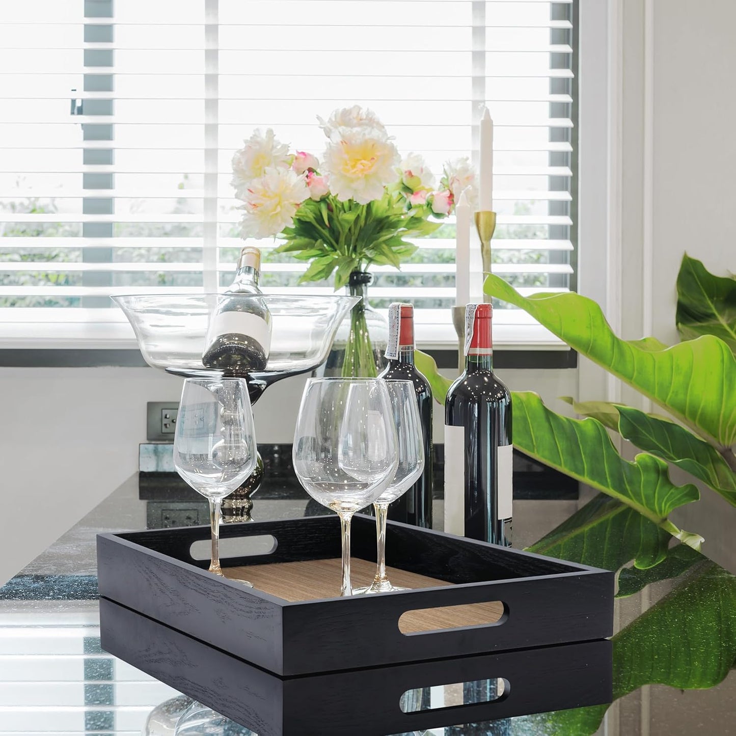 Wood Serving Tray with Handles, Home Decorative Wooden Rectangle Ottoman Decor Platter Vanity Tray for Breakfast Dinner Drinks Kitchen Dining Living Bathroom Restaurants Black Wooden