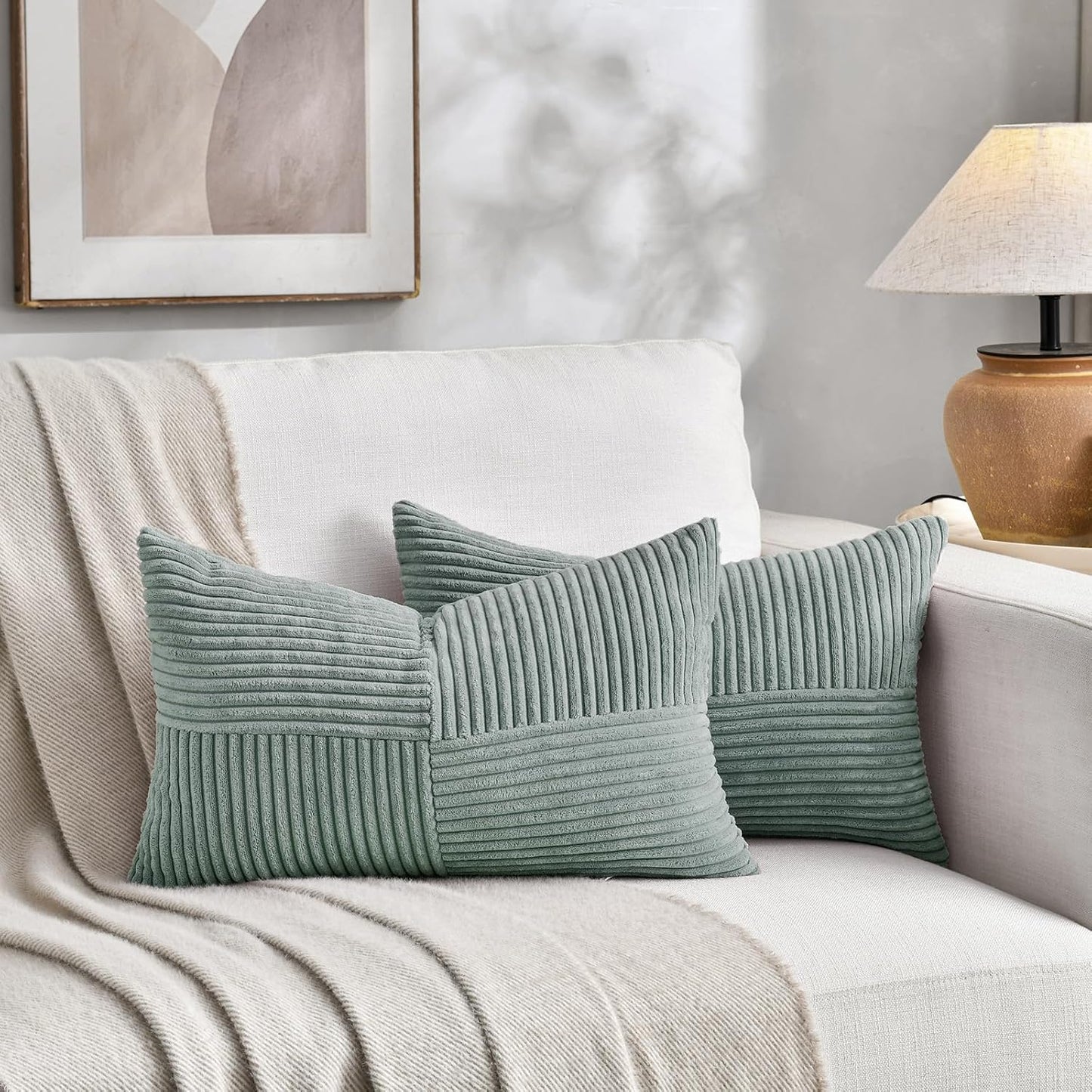 Fancy Homi 2 Packs Grey Blue Lumbar Decorative Throw Pillow Covers 20x28 Inch for Living Room Couch Bed, Rustic Farmhouse Boho Home Decor, Soft Striped Corduroy Rectangle Accent Cushion Case 50x70 cm