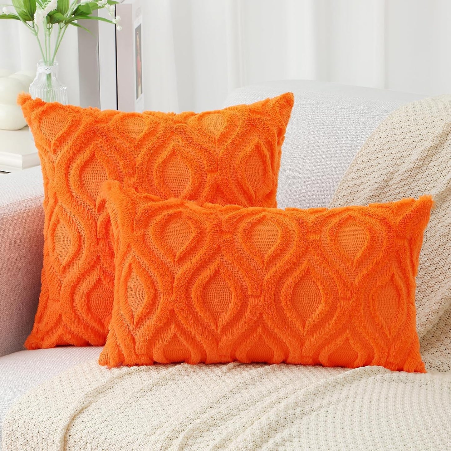 decorUhome Fall Throw Pillow Covers 20x20 Inch Set of 2, Soft Plush Decorative Faux Fur Orange Solid Couch Pillow Covers, Accent Farmhouse Neutral Square Euro Pillow Cases for Sofa Bed Living Room