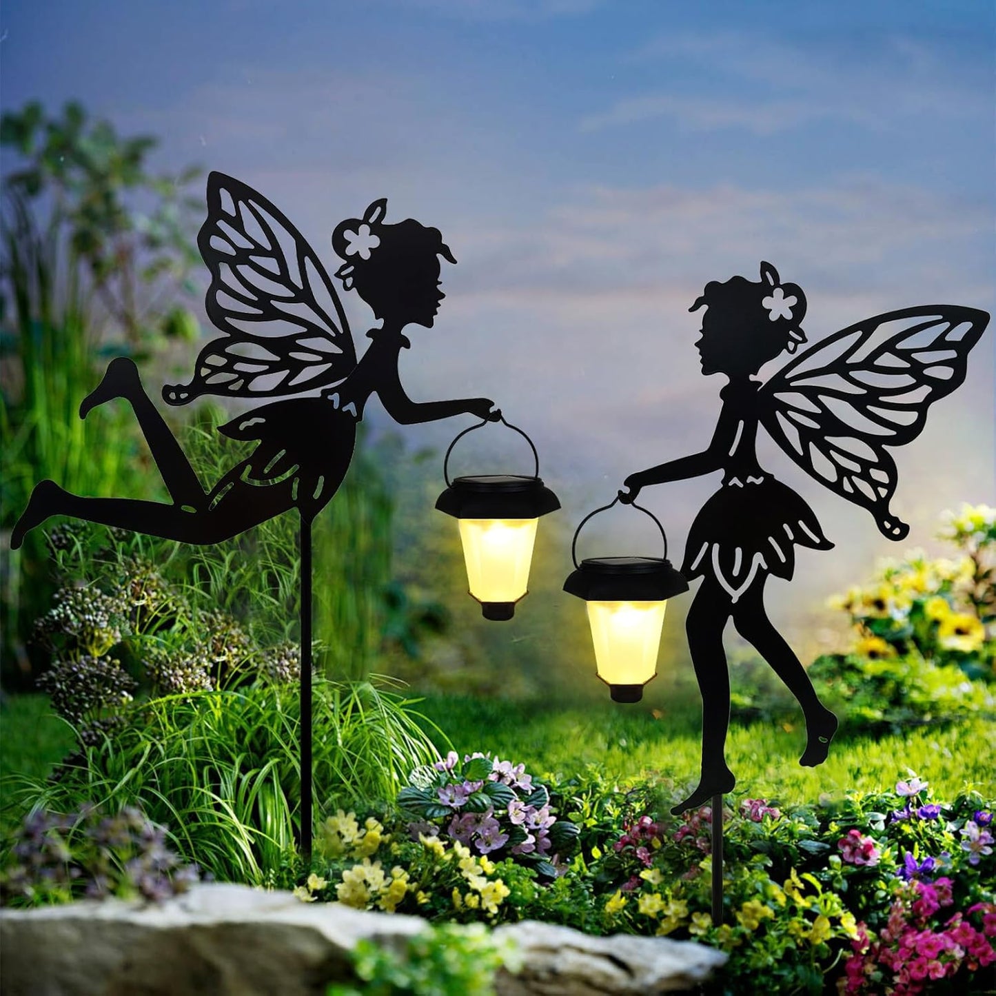 Solar Fairy Garden Stake Decorative Lantern, 2 Pack Metal Fairy Angel Garden Silhouette Lights for Lawn, Pathway, Patio, Yard Outdoor Decor