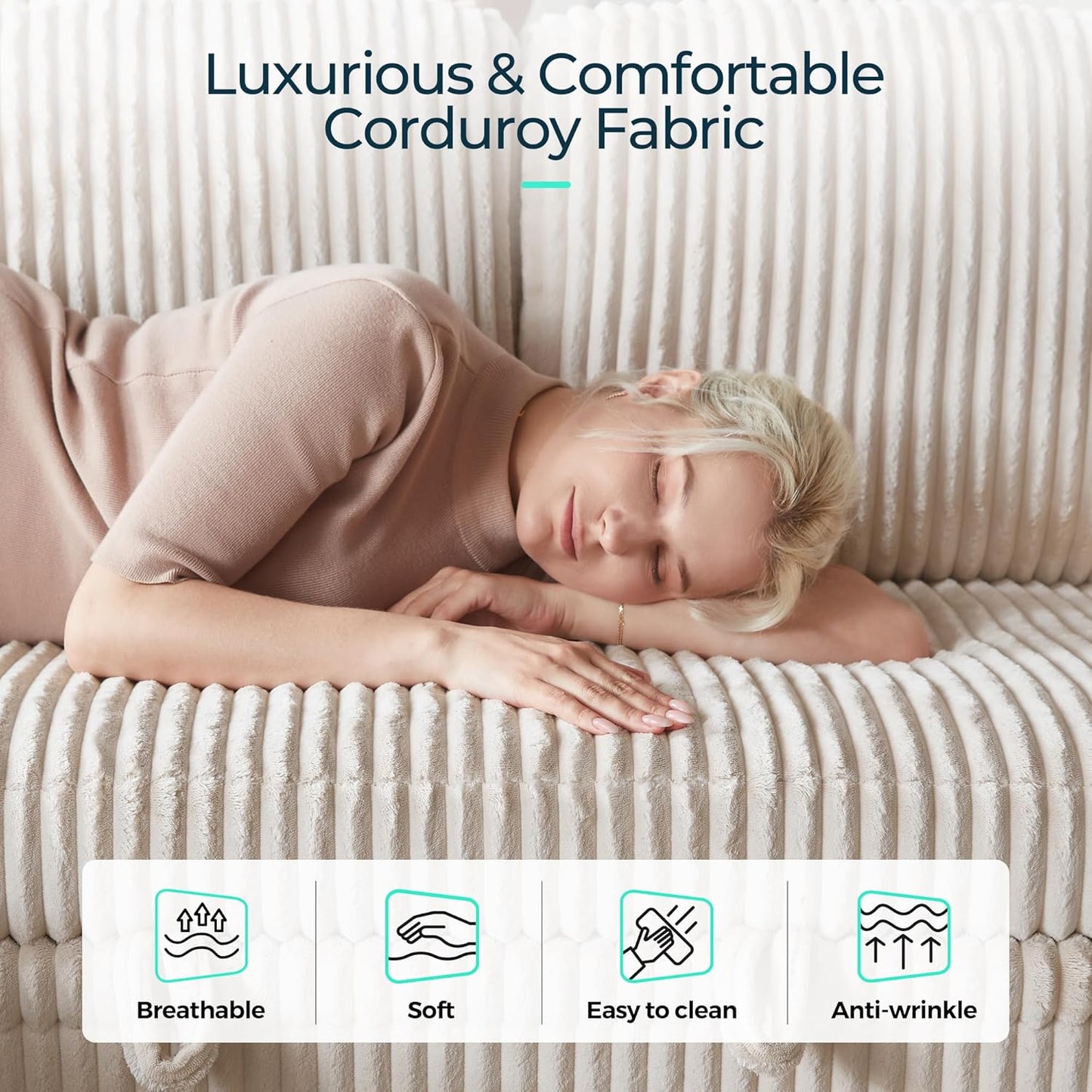 LINSY HOME Sectional Sleeper Sofa with Pull Out Couch Bed - Convertible Plush Corduroy Cloud Couch with Storage Chaise & USB Charging, Comfy Modular Couches for Living Room, Beige