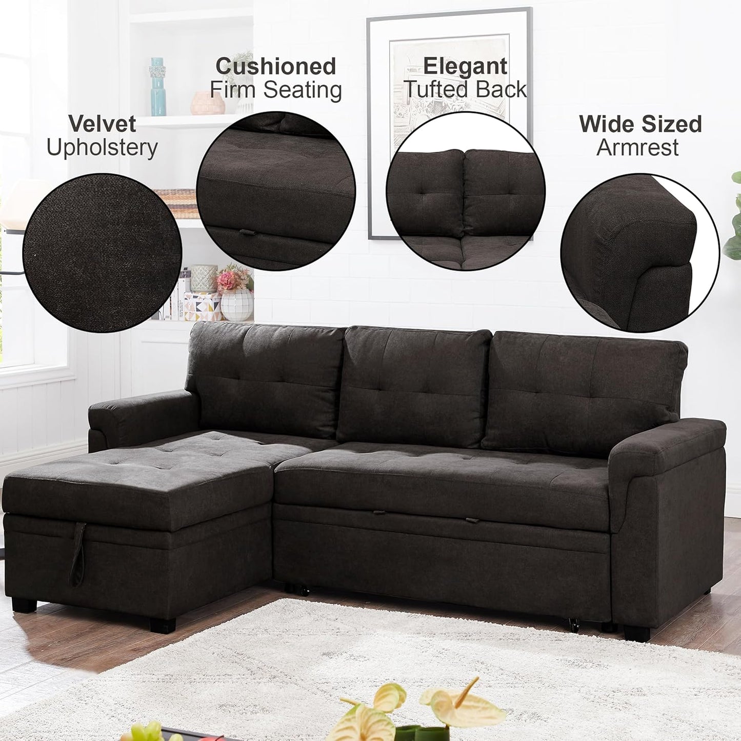 Naomi Home Transform Any Space: Sleeper Sectional Sofa with Convertible Sofa Bed & Inviting Chaise. Find Tranquil Comfort with Stress-Relieving Design & Durable Cushions - Espresso/Velvet