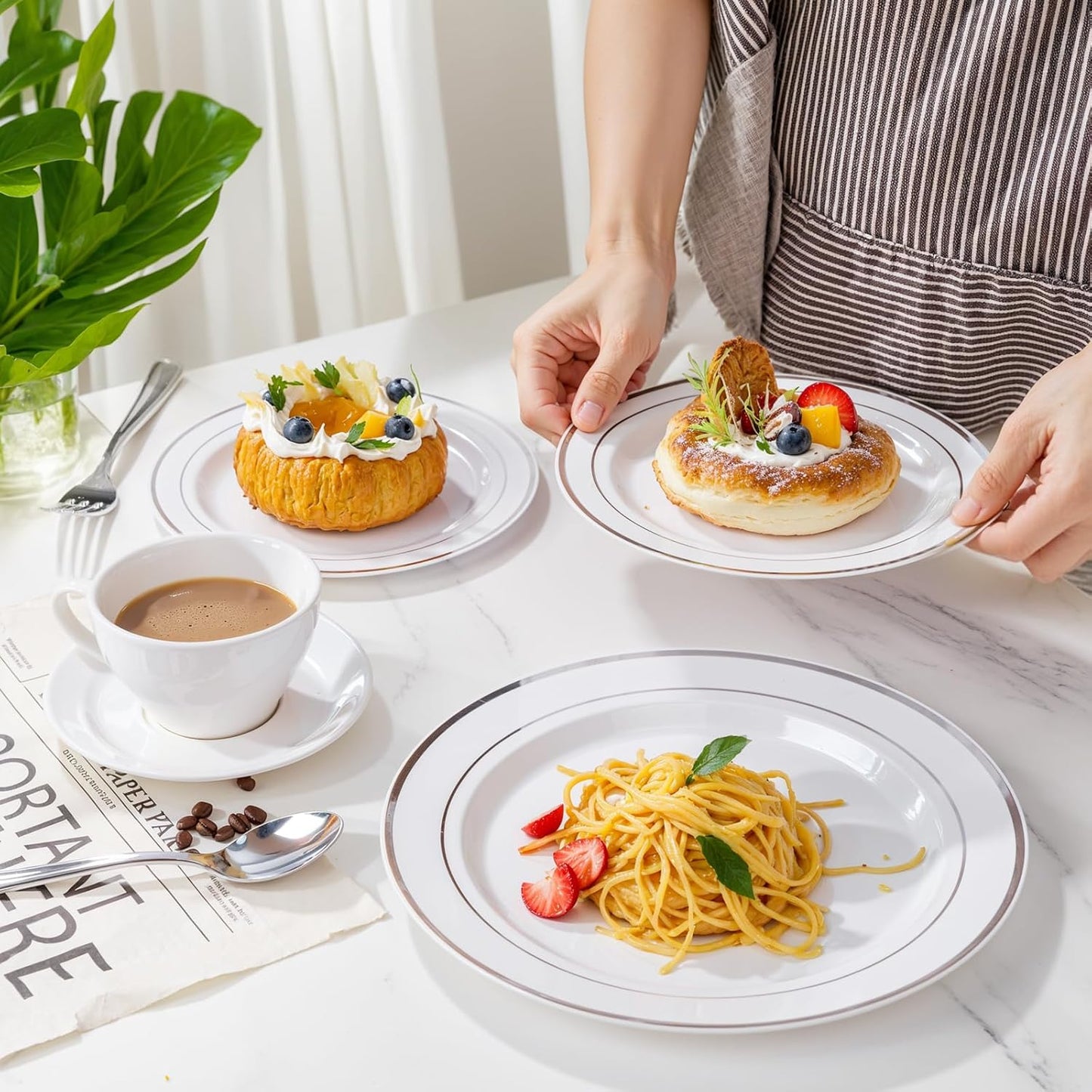 350 Pcs Silver Plastic Plates - Silver Dinnerware Set of 50 Dinner Plates 50 Dessert Plates 50 Silverware 50 Napkins 50 Cups for Party&Wedding