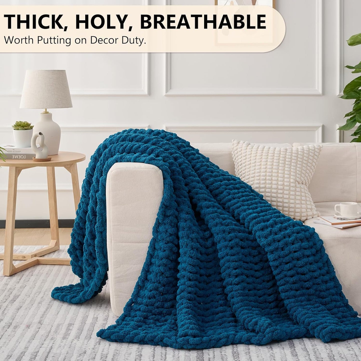 L'AGRATY Chunky Knit Blanket Throw: 72''x84'' Chenille Chunky Knitted Throw Blankets for Bed Couch - Handmade Thick Big Cable Knit Blanket - Large Crochet Rope Blankets for Home Decor(Blue)