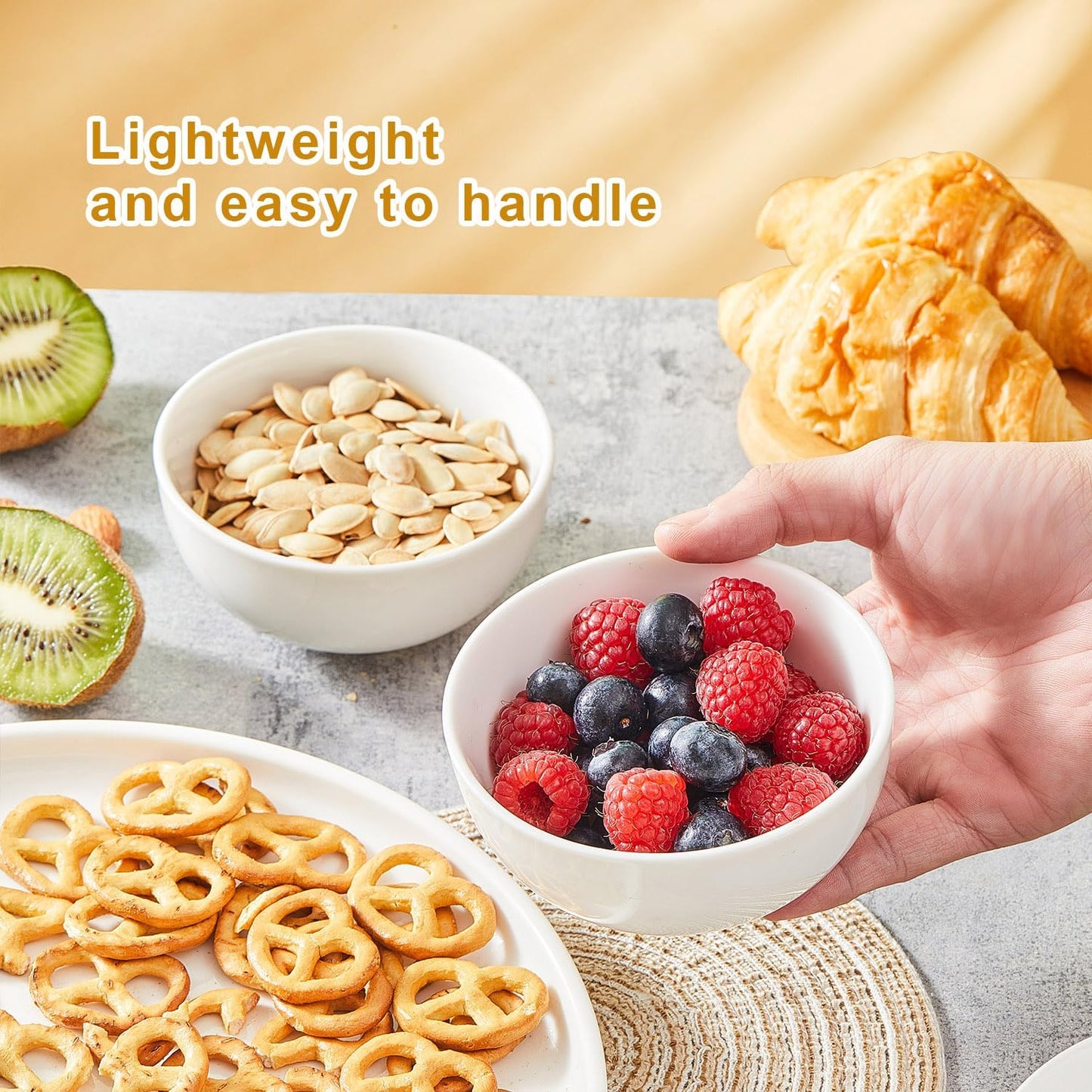 White 4.5in Small Ceramic Bowls 12 OZ, AntoKueh Cereal Bowls Set of 12 for Dessert, Rice, Jello, Family dressfamily gatherings, hosting dinner parties