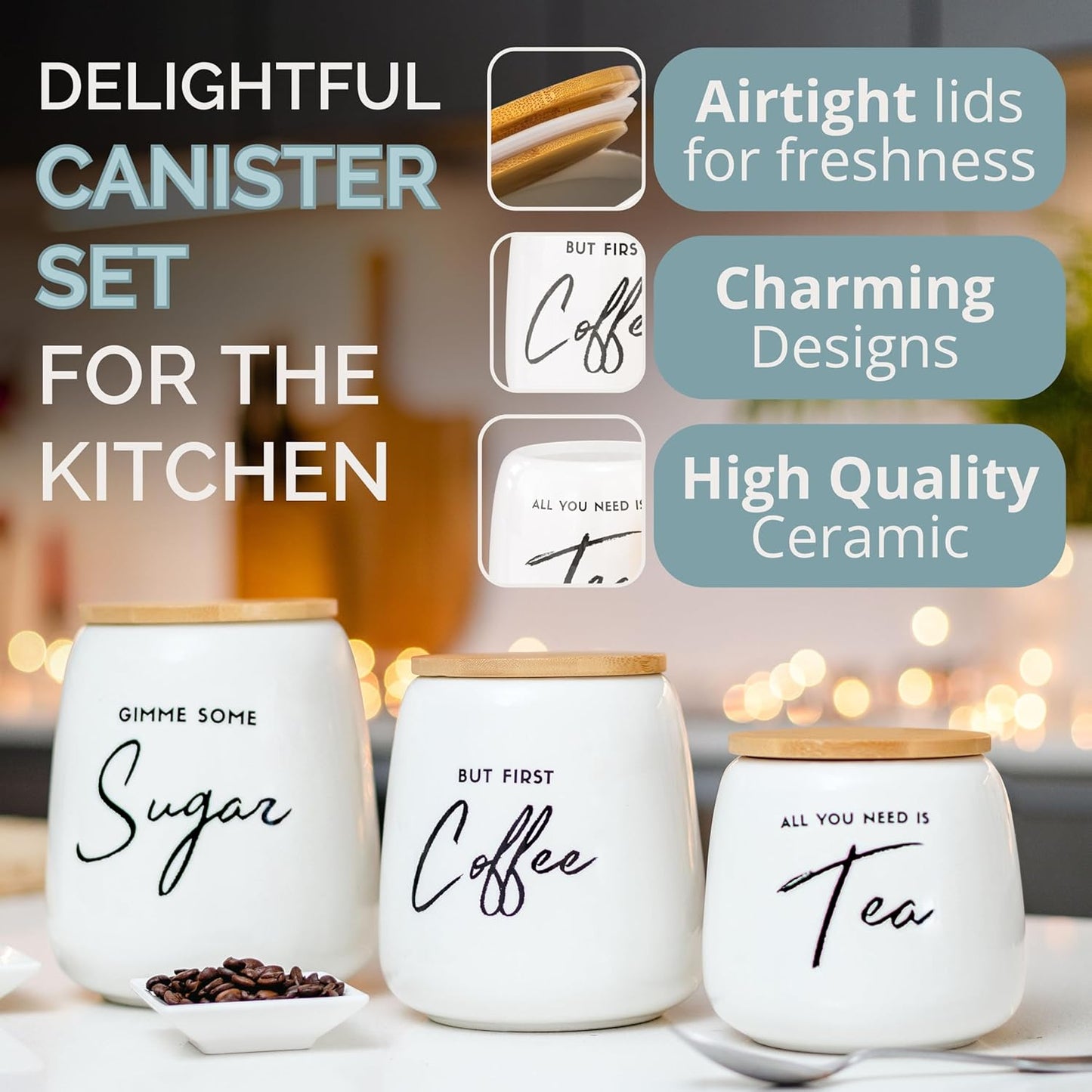 Coffee Tea and Sugar Ceramic Canister Set - 3-Piece Airtight Kitchen Canisters for Countertop - Coffee Bar Container Set