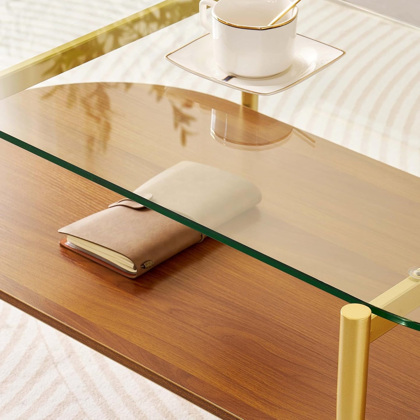 Oval Glass Coffee Table, Mid-Century Modern Design, L41 x W21 x H17 inch, for Living Room, 2-Tier Structure, Clear Glass Top and Walnut Finish Wood Shelf, Conical Legs with Gold Finish Frame