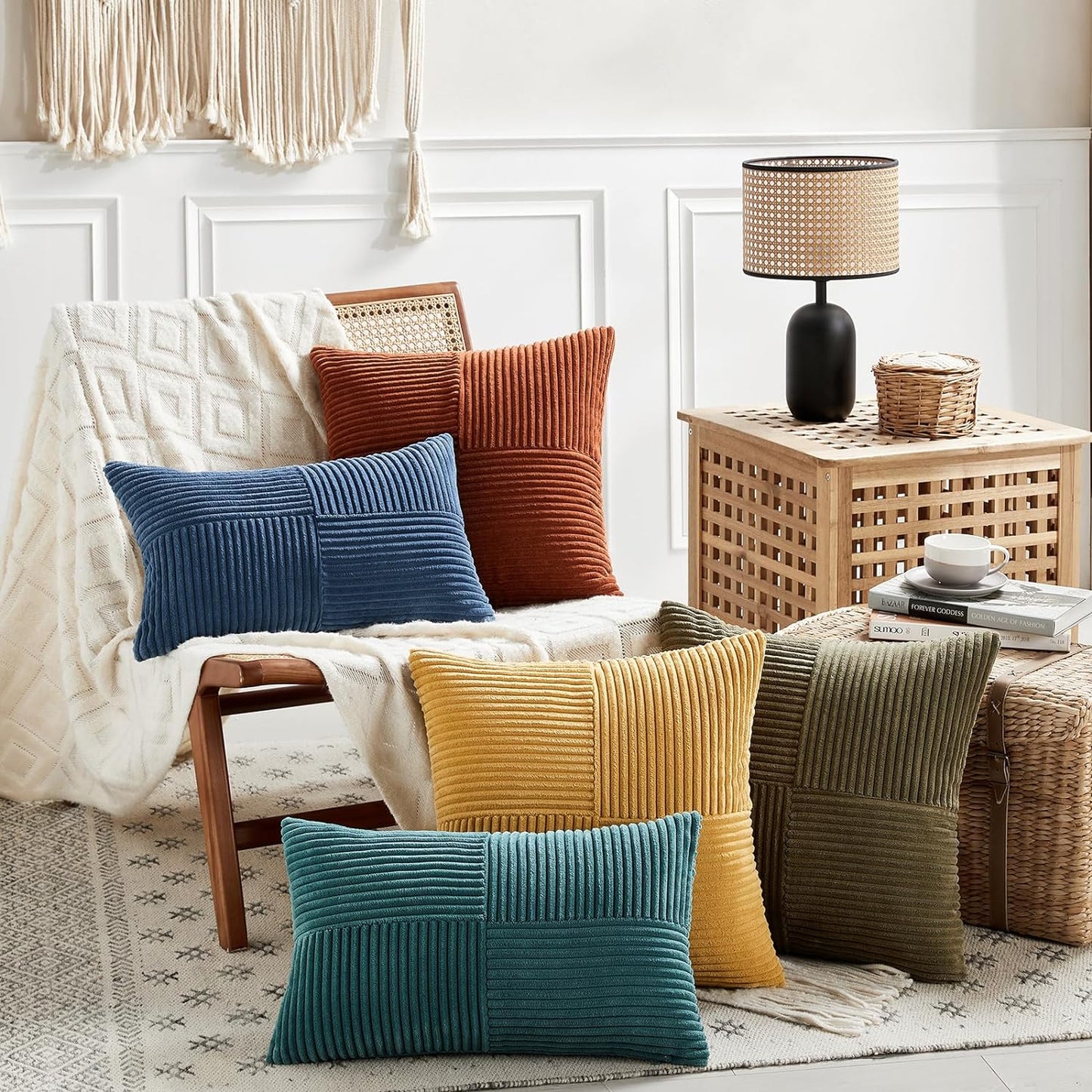 Fancy Homi 2 Packs Teal Samll Decorative Throw Pillow Covers 14x14 Inch with for Couch Bed Sofa, Rustic Farmhouse Boho Home Decor, Soft Corss Patchwork Corduroy Square Cushion Case 35x35 cm