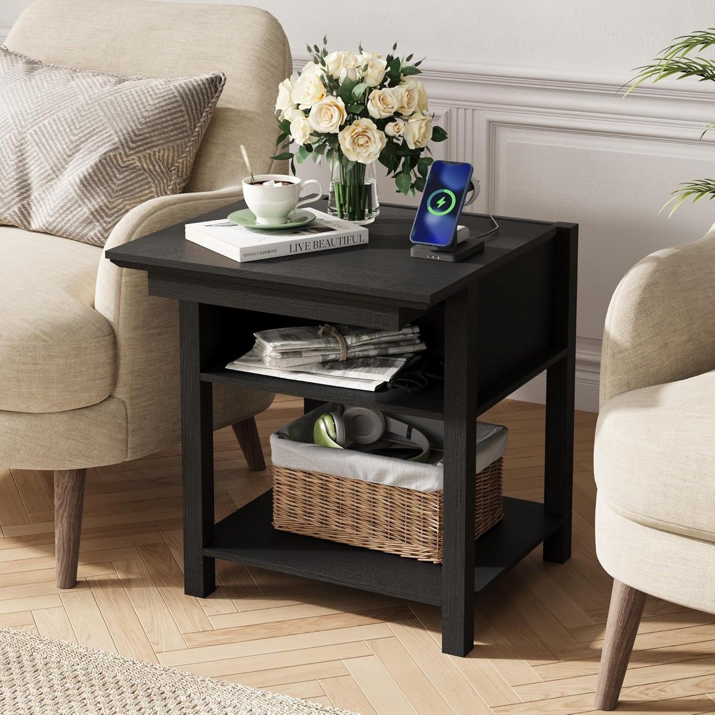 Rresyet Sliding Side Table Set of 2 with Charging Station & 2-Tier Storage,Farmhouse End Table, Wooden Nightstand for Bedroom & Living Room,White (Black)