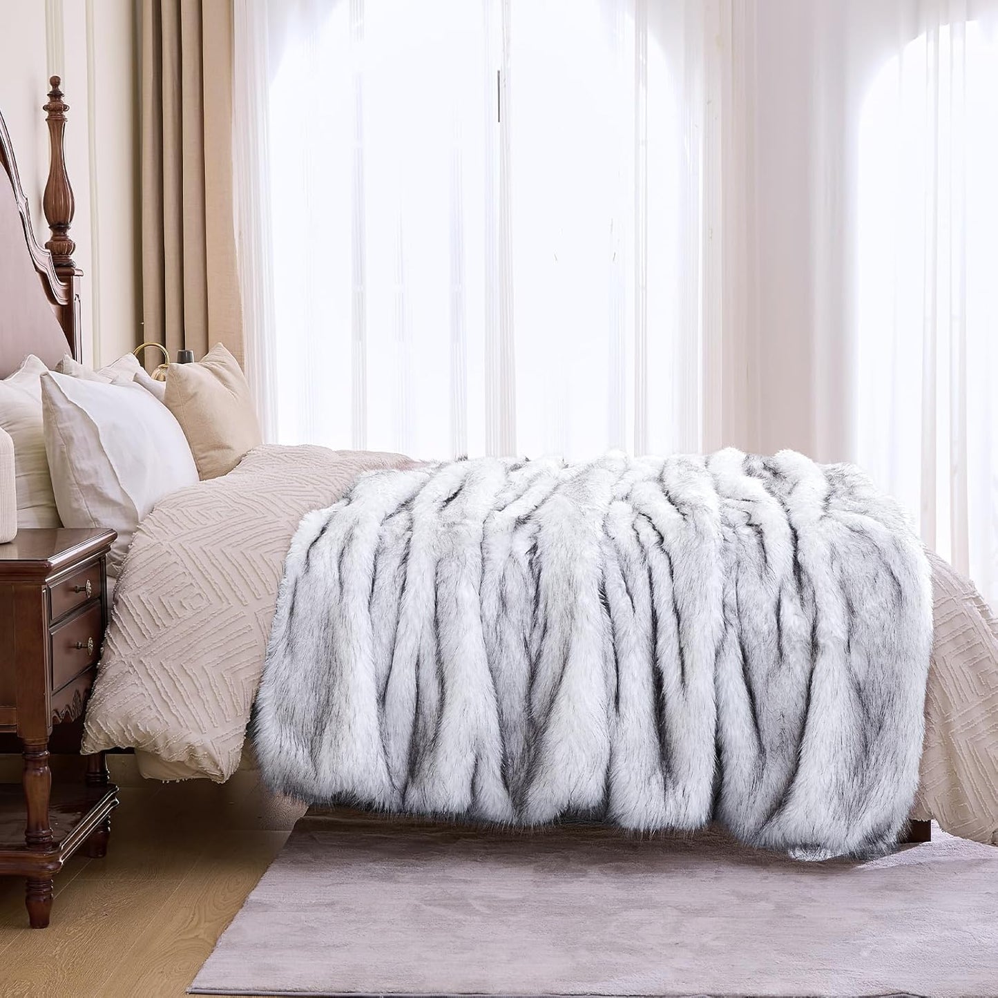 Fluffy Faux Fur Throw Blanket – Super Soft Warm Thick Plush Blanket for Bed, Couch & Office, Cozy Fuzzy Throw with Flannel Backing,108"x90", White