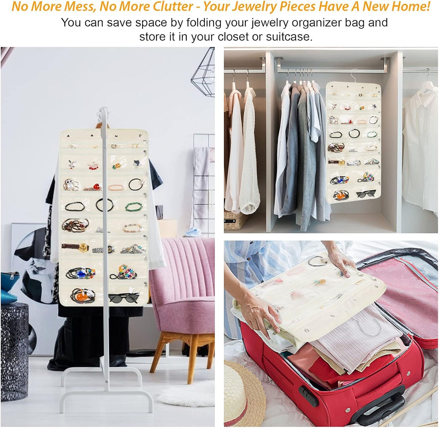 Freegrace Hanging Jewelry Organizer Revolving Hanger - Secure Zipper Closure - 25 Pockets,23 Hooks - Foldable Storage & Display Solution - For All Jewelry & Bijoux (Beige)