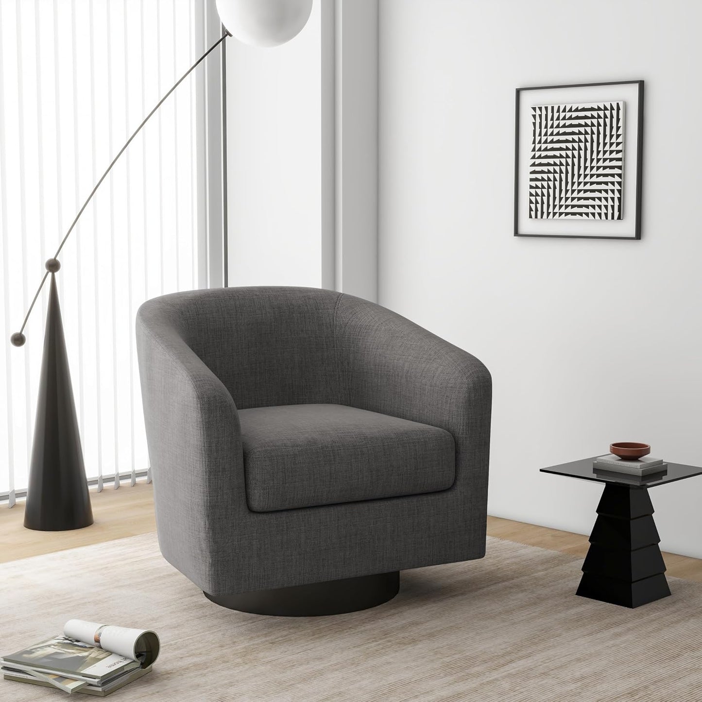 Swivel Barrel Accent Chair, Modern Round Linen Arm Chair for Living Room, Bedroom, Comfy Club Reading Chairs for Adults(Linen Fabric, Grey, Set of 2