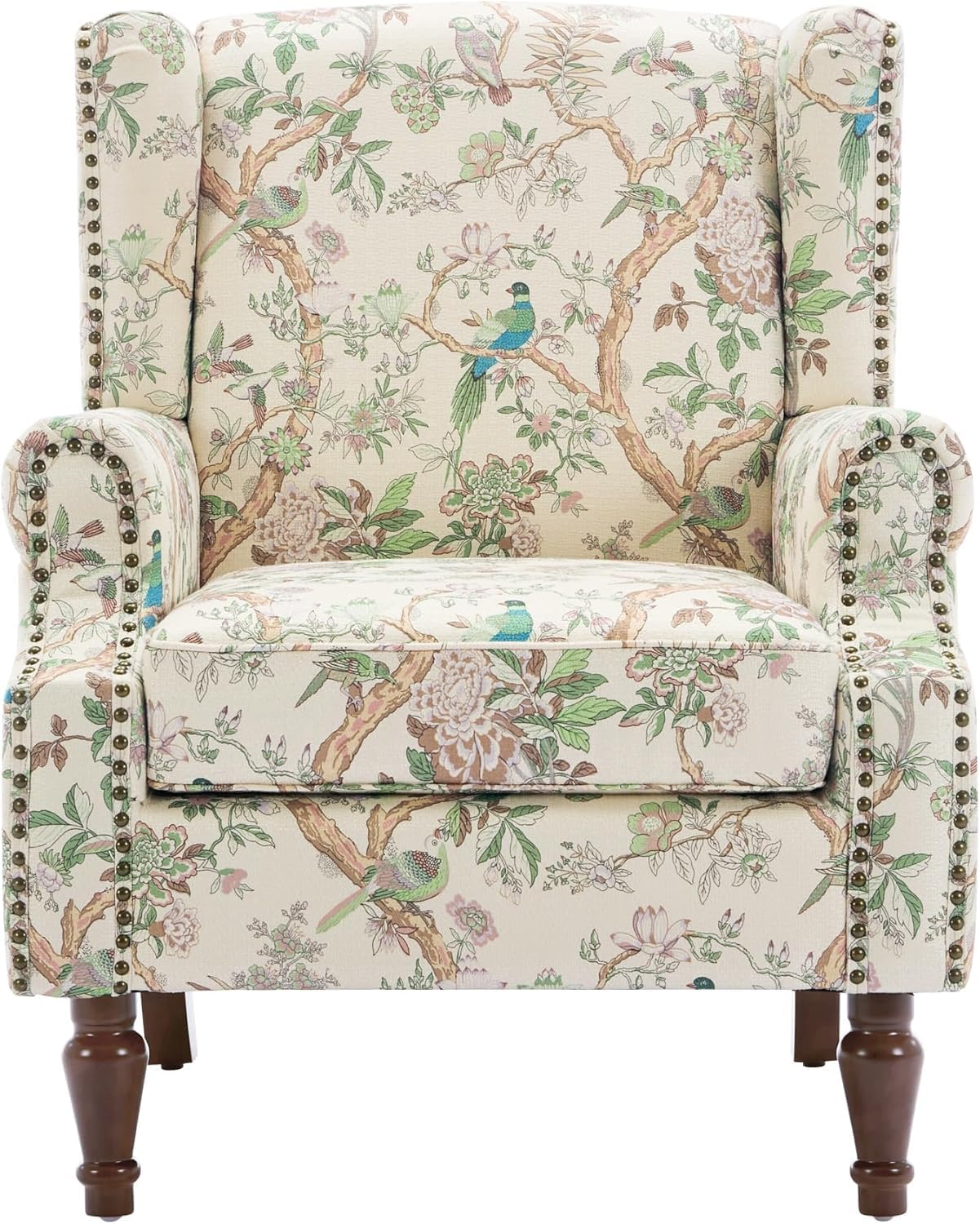 UIXE High Back Floral Accent Chairs Set of 2, Fabric Upholstered Armchair for Living Room, Retro Printed Wingback Arm Chair Rivet Trimed Single Sofa Bedroom Reading Seat - Bird