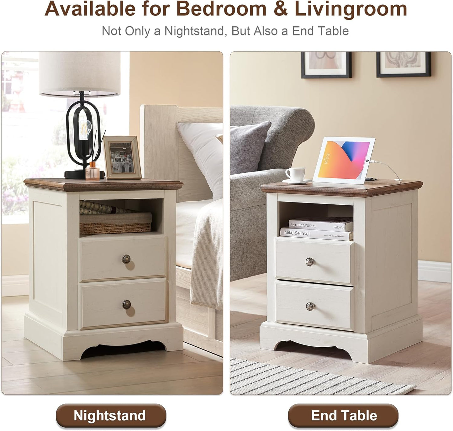 T4TREAM Nightstand with Charging Station, 18 Inch Vintage End Table with 2 Drawers, Wood Rustic Sofa Side Table with Open Storage Shelf for Bedroom, Living Room, Antique White