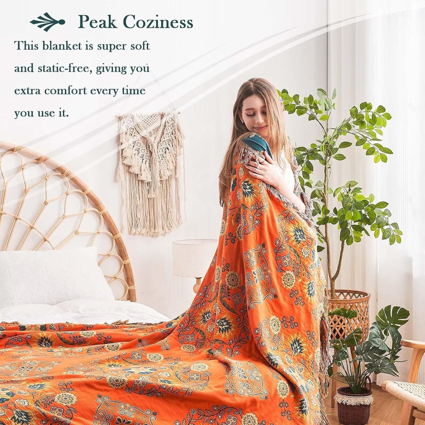 Boho Throw Blanket, 100% Cotton Ultra Soft Luxury Throw Rustic Quilt, 90"x98" Floral Printed Farmhouse Decor Bed Summer Blankets, All Season Rustic Reversible Bohemian Throw for Bed - Orange