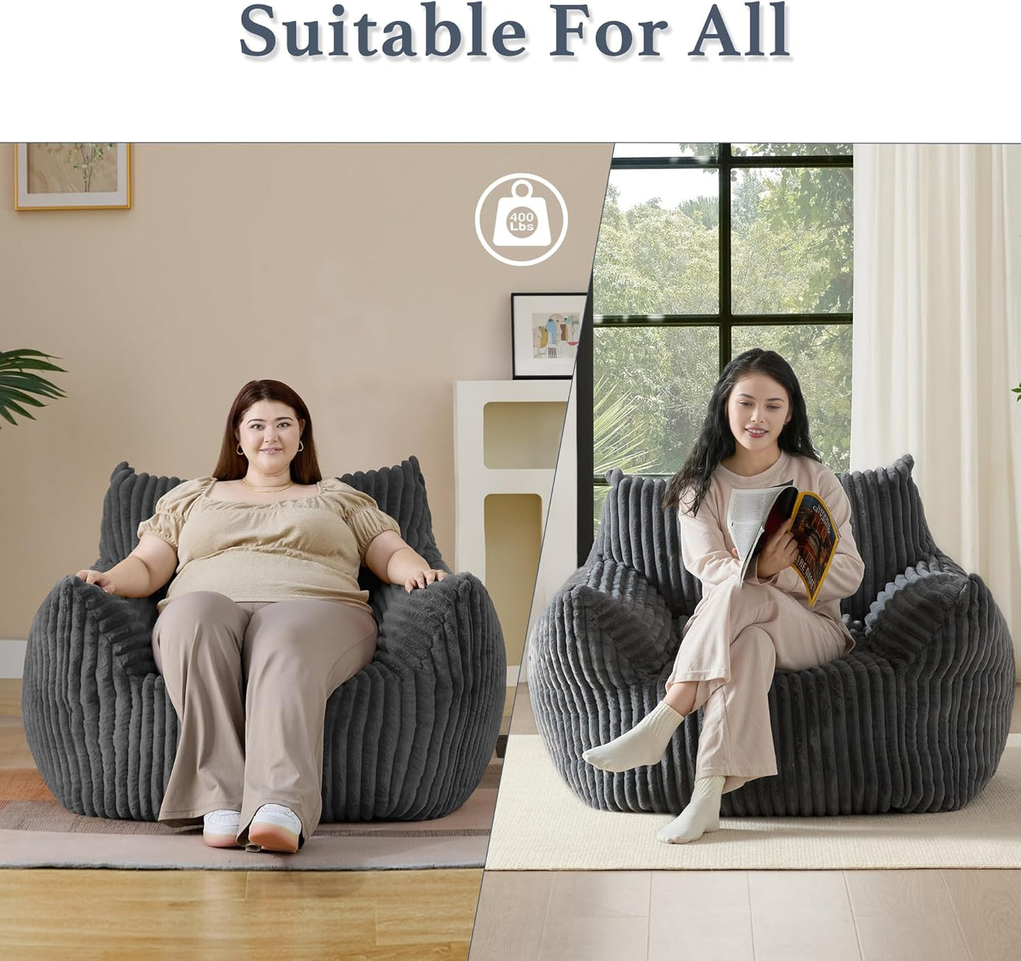 Giant Plush Bean Bag Chair for Adults with Armrests - Oversized Comfy Grey Beanbag Lounge Lazy Floor Sofa Accent Chair for Living Room, Bedroom & Dorm, Cozy Fluffy Single Cloud Mini Couch