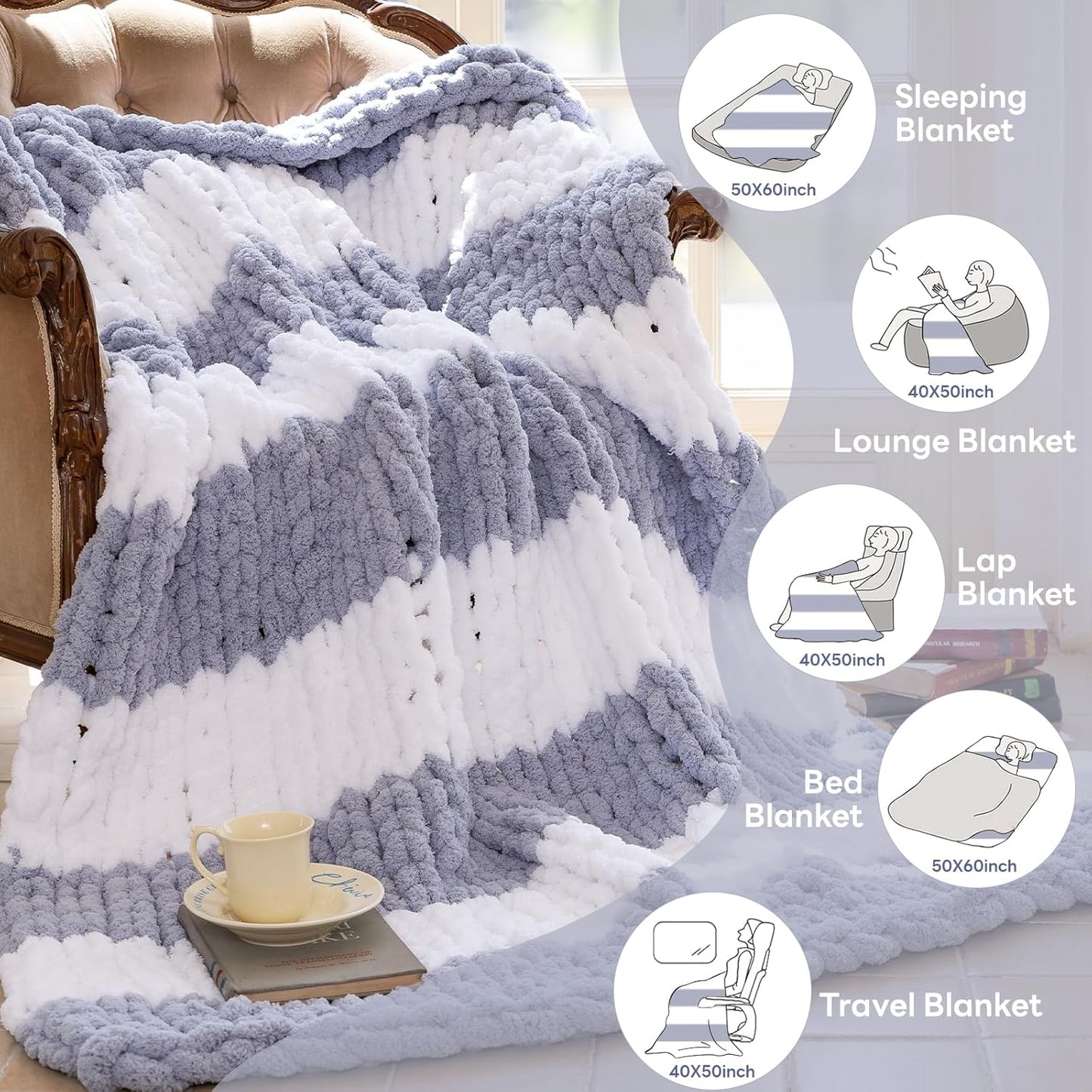 Chunky Knit Blanket - Luxury Soft Cozy 60 * 80 Throw Blanket,100% Woven Blanket Rope Knot Throw Blanket for Couch, Sofa, Home Decor, Gift - Machine Washable(White/Light Gray)