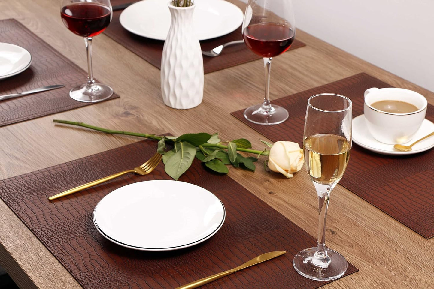 Faux Leather Hardboard Placemats, Set of 6 PU Table Mats, Easy to Clean, Heat & Stain Resistant for Office Conference Table, Dining Home Decor, Brown