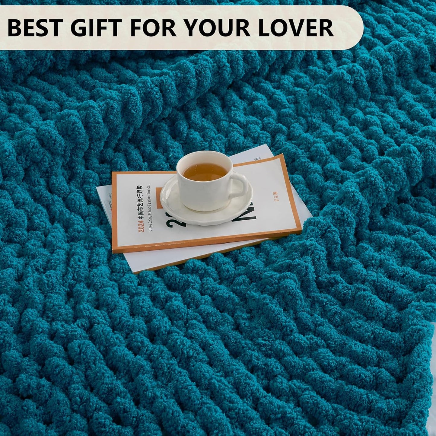 L'AGRATY Chunky Knit Blanket Throw: 50''x60'' Chenille Chunky Knitted Throw Blanket for Bed Couch - Handmade Thick Big Cable Knit Blanket - Large Crochet Rope Blanket for Home Decor(Teal)