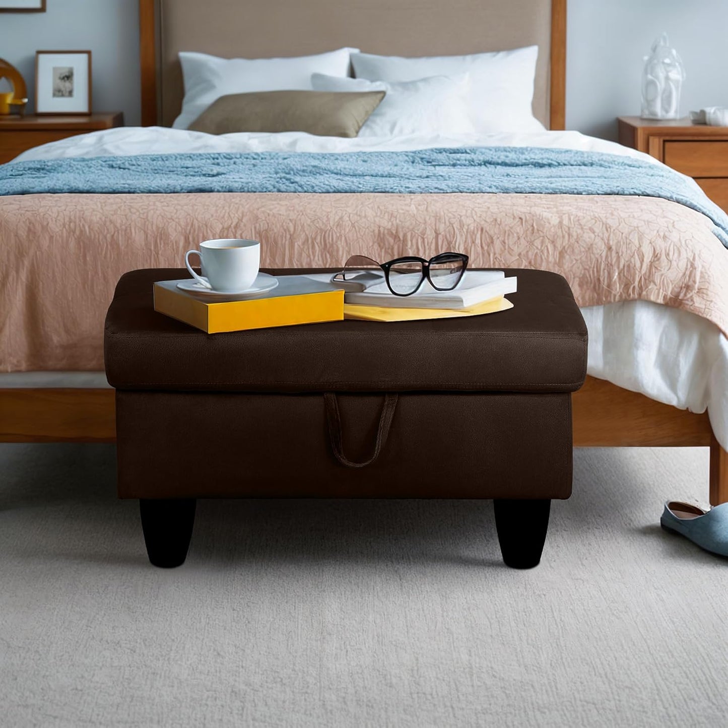 Ottoman Rectangular Storage Ottoman Bench, Flannel Footrest Stool Footstool with Lid for Living Room, Bedroom, Entryway, Coffee, 28.5"x19"x17.5"