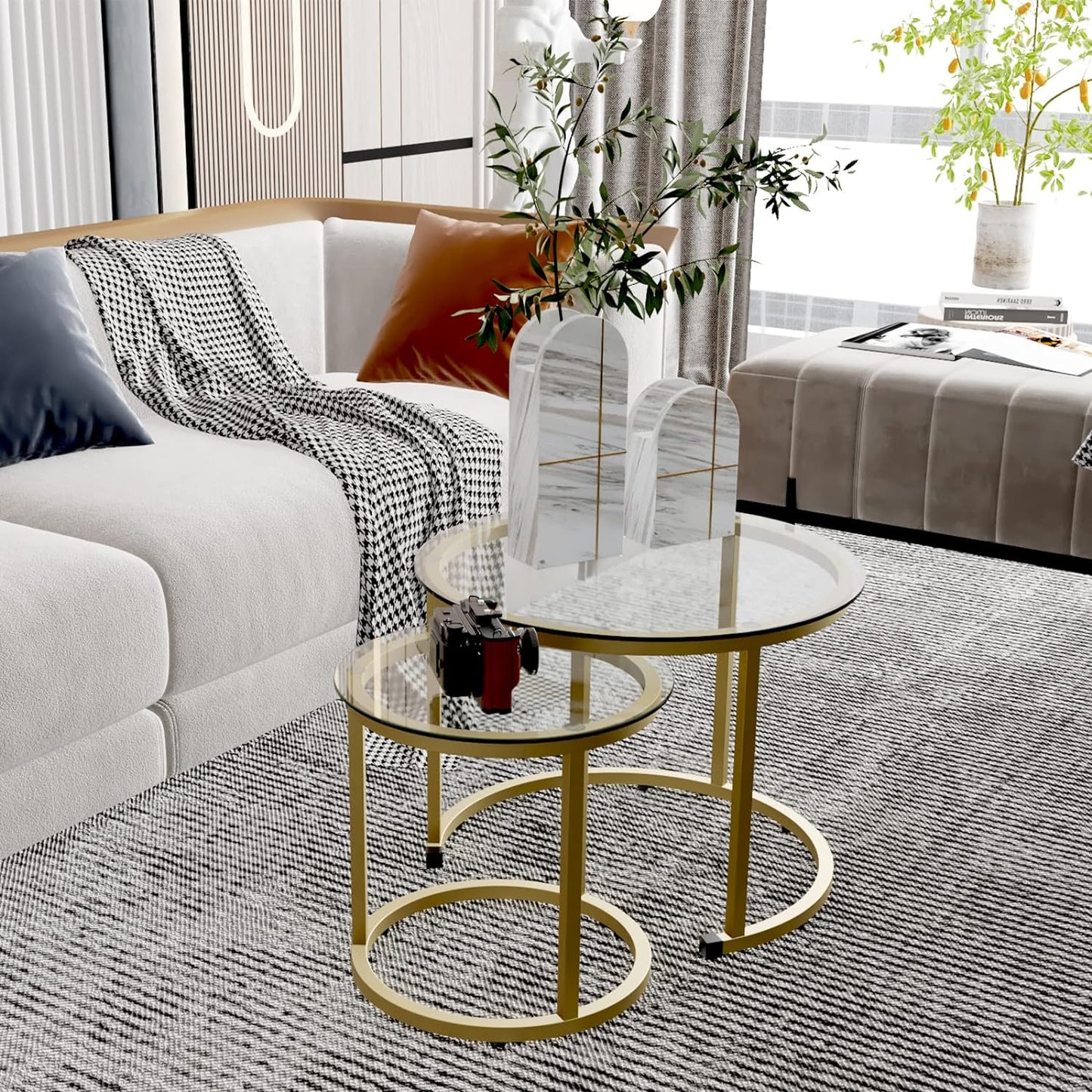 aboxoo Gold Nesting Coffee Table Set of 2, Small Glass Round Nesting Tables for Living Room Bedroom, Accent Tea Table with Metal Frame Modern Industrial Simple