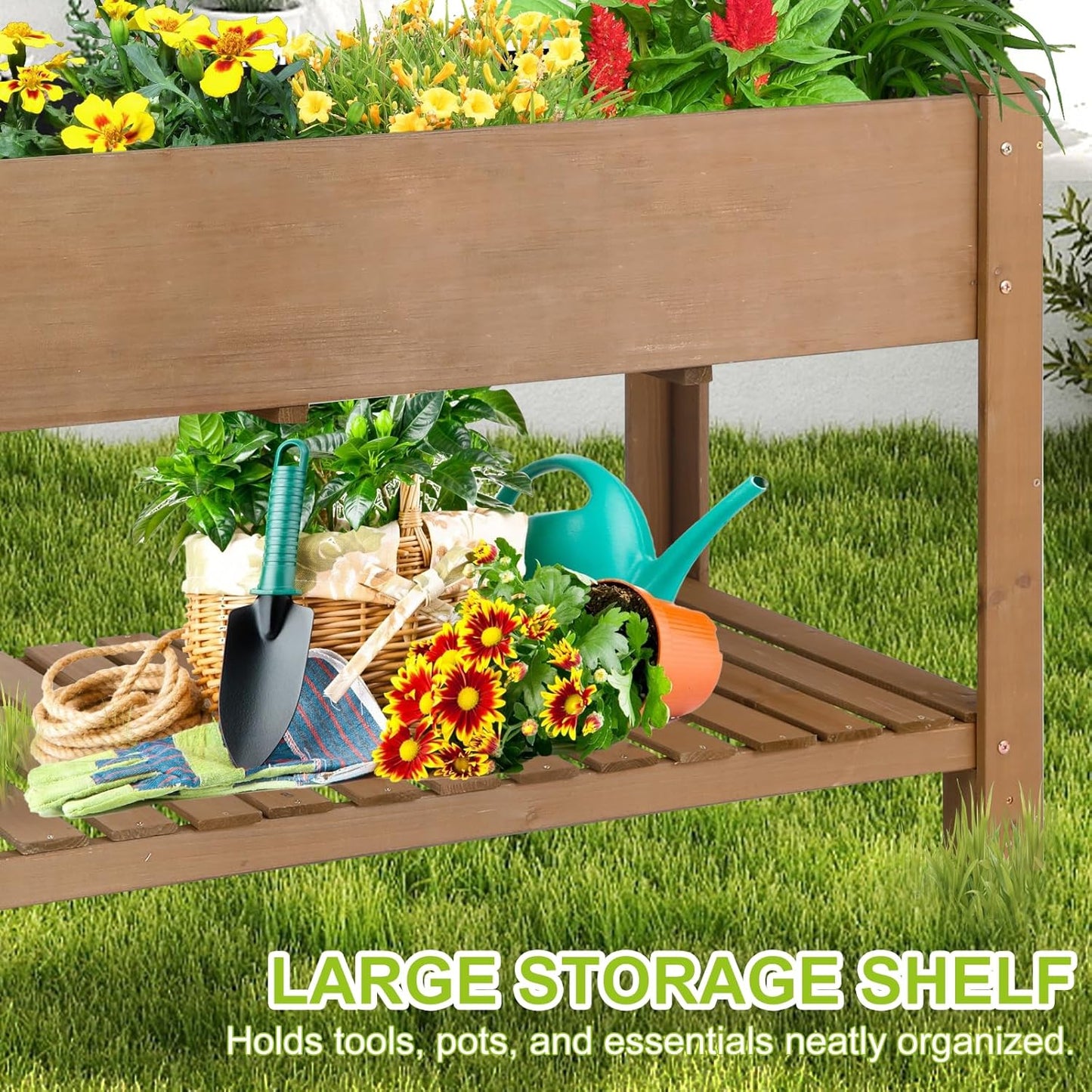 Raised Garden Bed with Legs - Elevated Wooden Planter Box, Durable Fir Wood, Reinforced Frame with Drainage Holes, Liner, and Storage Shelf for Vegetables, Herbs, Flowers, 47" x 23" x 30"