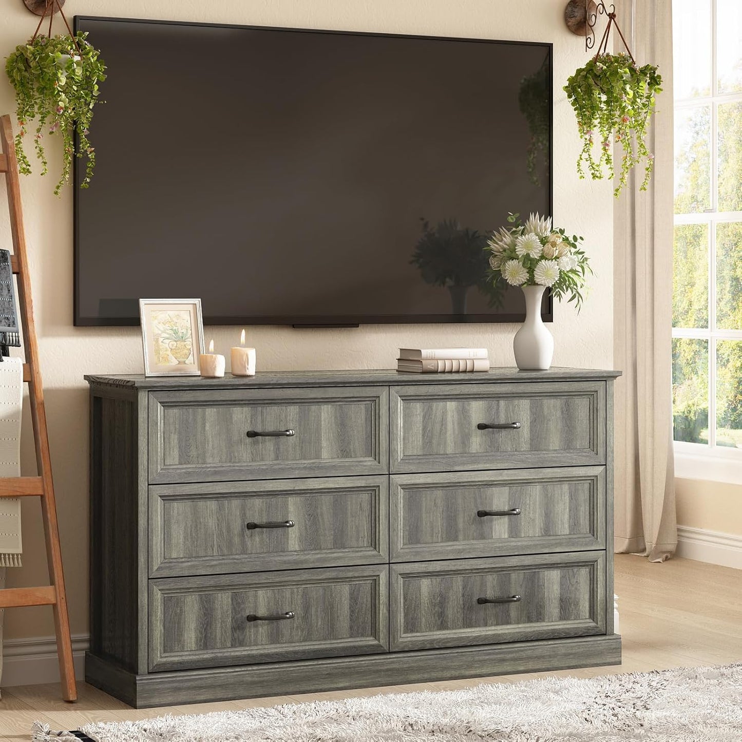 Farmhouse 6 Drawer Dresser for Bedroom, 55 Inch Wide Modern Grey Dresser TV Stand with Large Drawers & Bar Handles, Rustic Wood Chest of Drawers for Bedroom, Living Room, Hallway, Entryway.