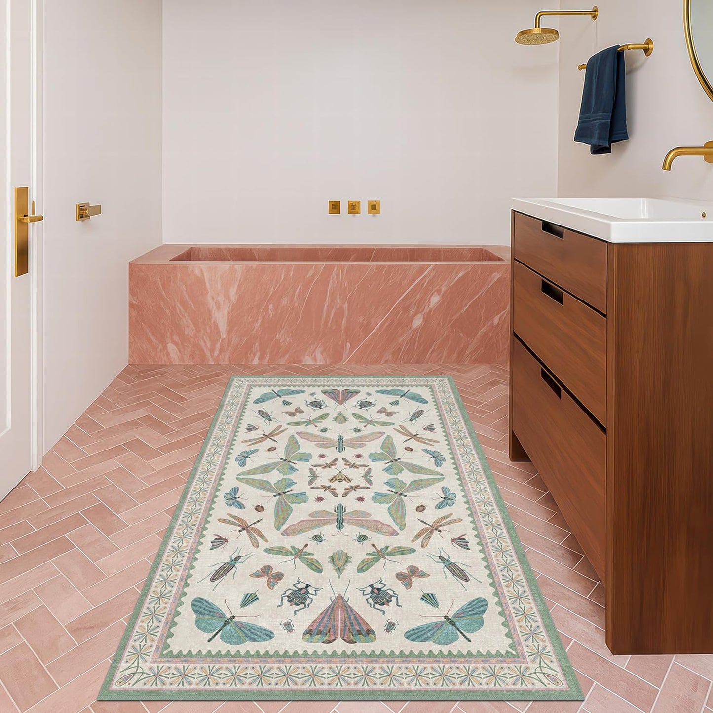 Washable Sage Green Large Entryway Rug, 3x5 Area Rugs for Laundry Room, Kitchen, Bedroom, Dorm, Insect Print Vintage Floral Non-Slip Throw Rug Low Pile Stain Resistance