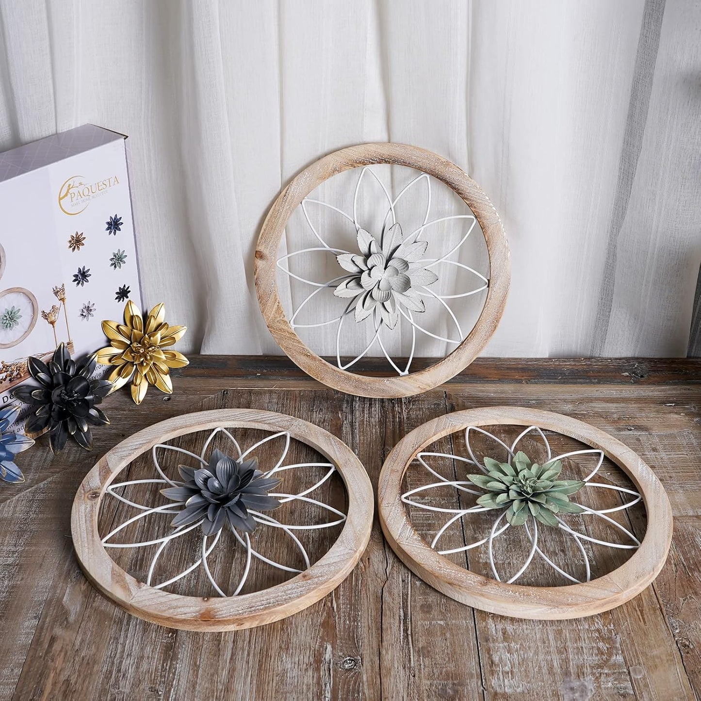 Paquesta 3 Piece Round Farmhouse Wall Decor with 6 Piece Interchangeable Flowers 12'' Medallion Wood & Metal Rustic Wall Art for Living Room Bedroom Kitchen Bathroom Dining Room Home Decorations